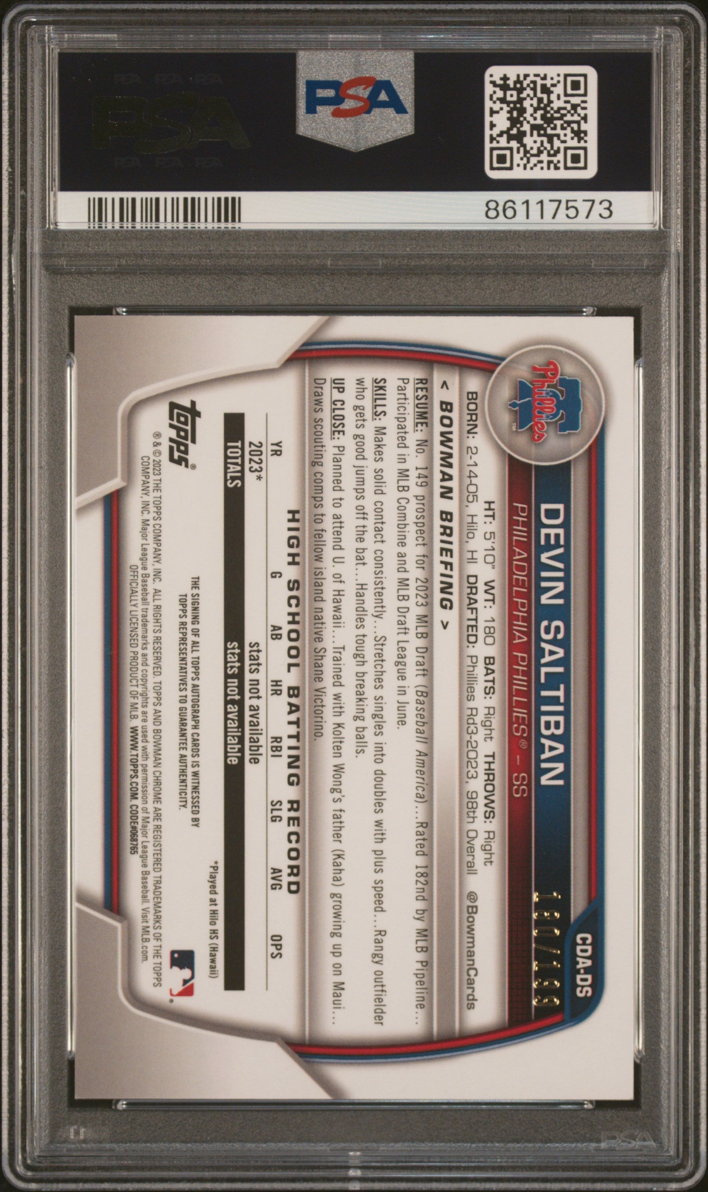 2023 Topps Bowman Draft Chrome Aqua Lava Devin Saltiban #CDA-DS Auto /199 PSA 9