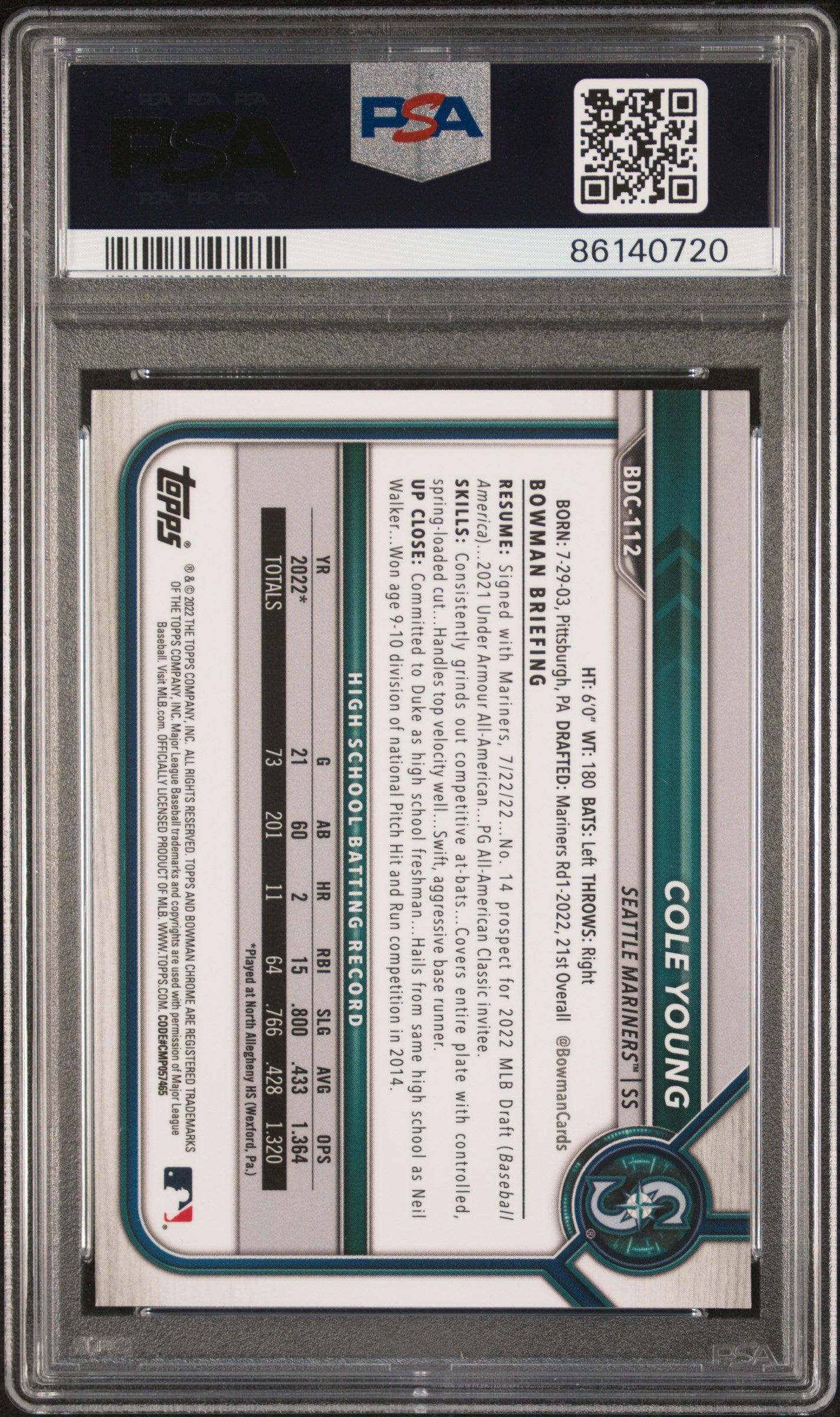 2022 Bowman #BDC-112 Cole Young Bowman Draft PSA 10