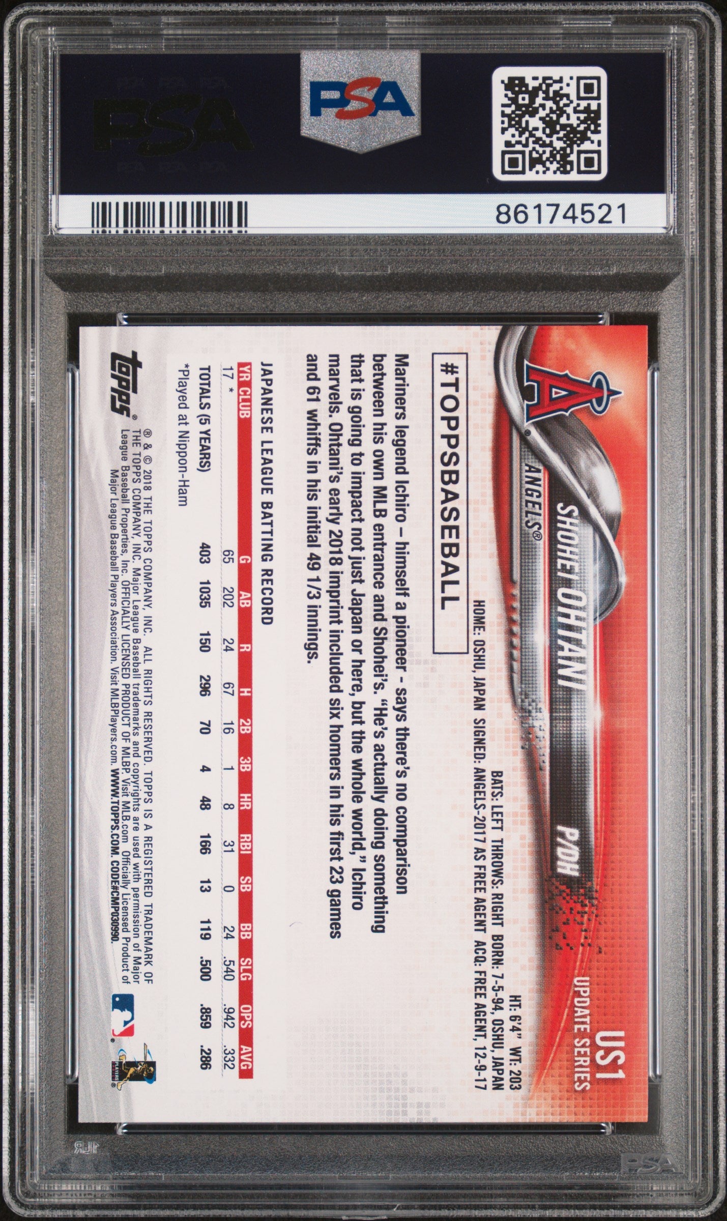 2018 Topps Update Shohei Ohtani #US1 RC PSA 10