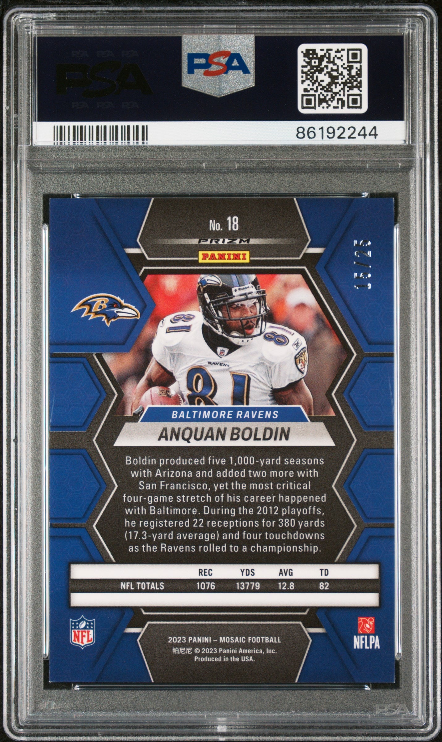 2023 Panini Mosaic White Anquan Boldin #18 /25 PSA 9