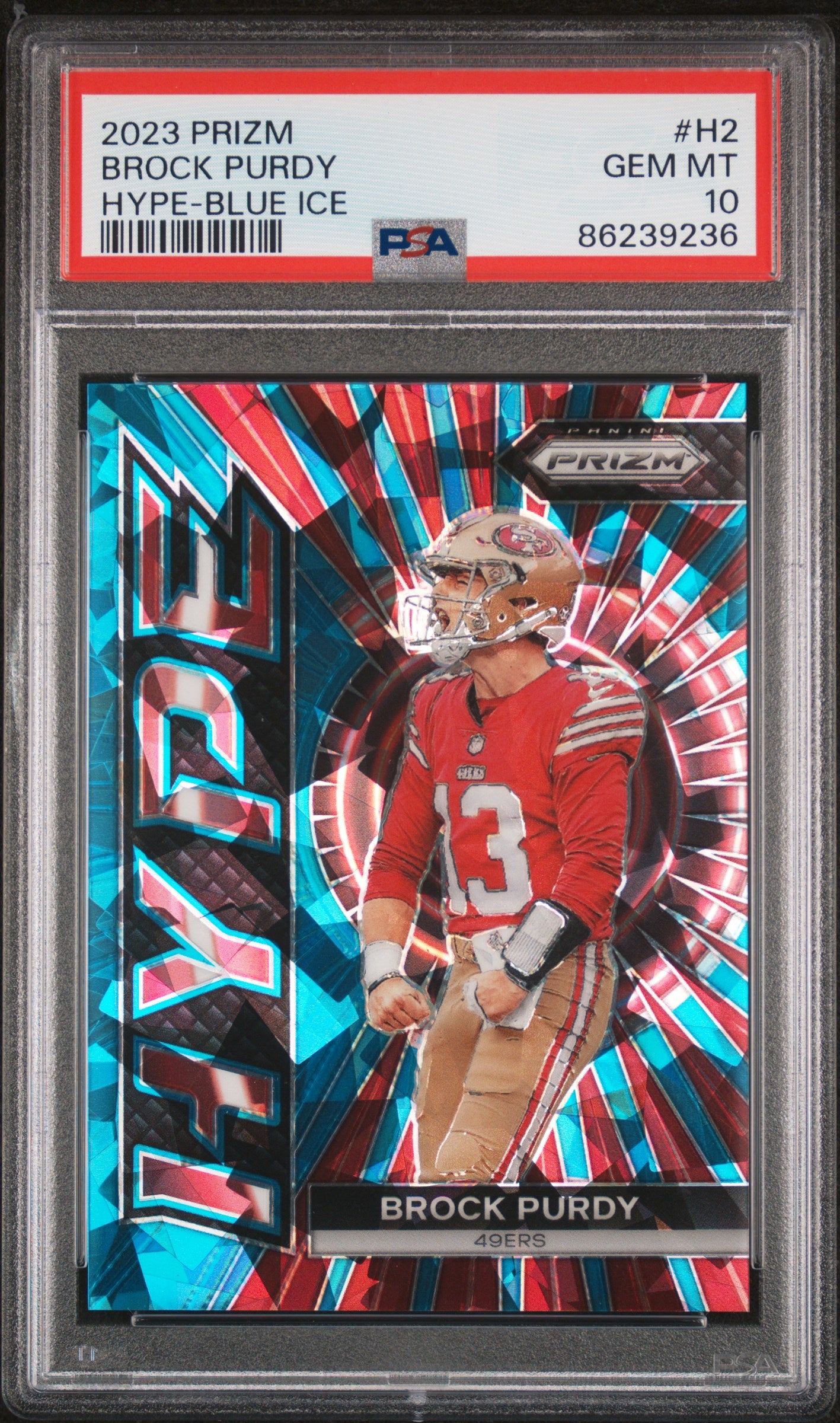 2023 Panini Prizm Hype Blue Ice Brock Purdy #H2 /99 PSA 10