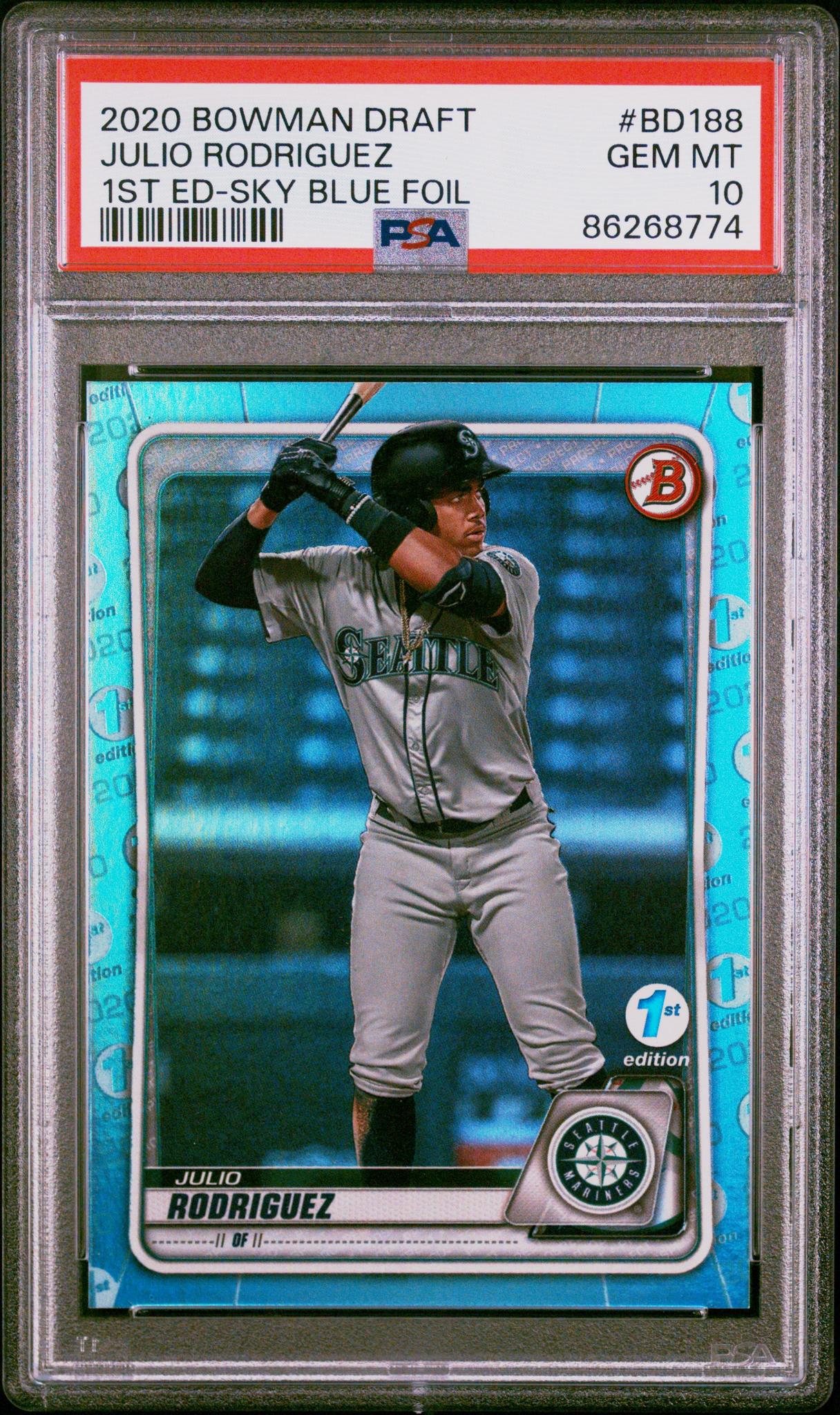 2020 Bowman Draft #BD188 Julio Rodriguez 1st Edition Sky Blue Foil PSA 10