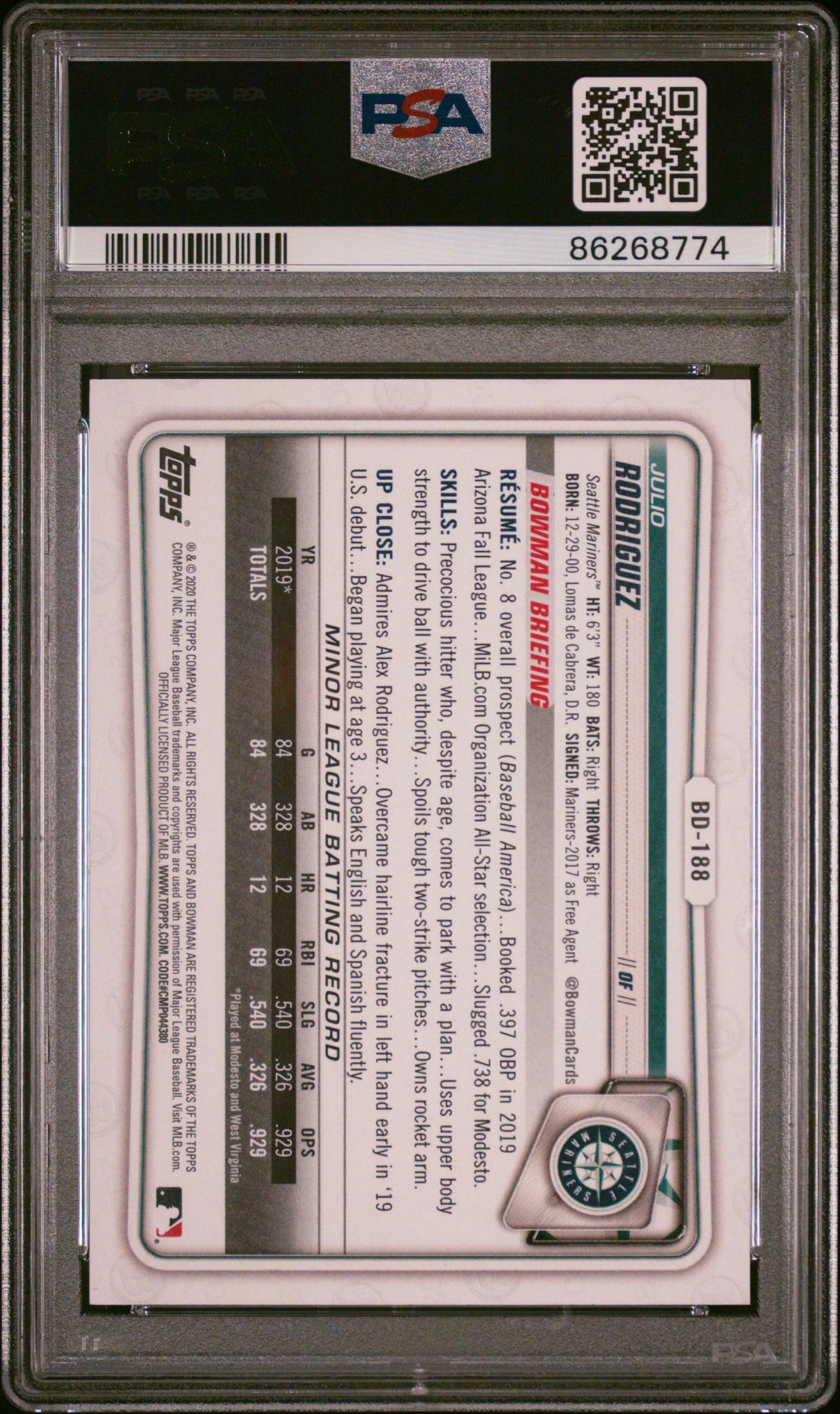 2020 Bowman Draft #BD188 Julio Rodriguez 1st Edition Sky Blue Foil PSA 10