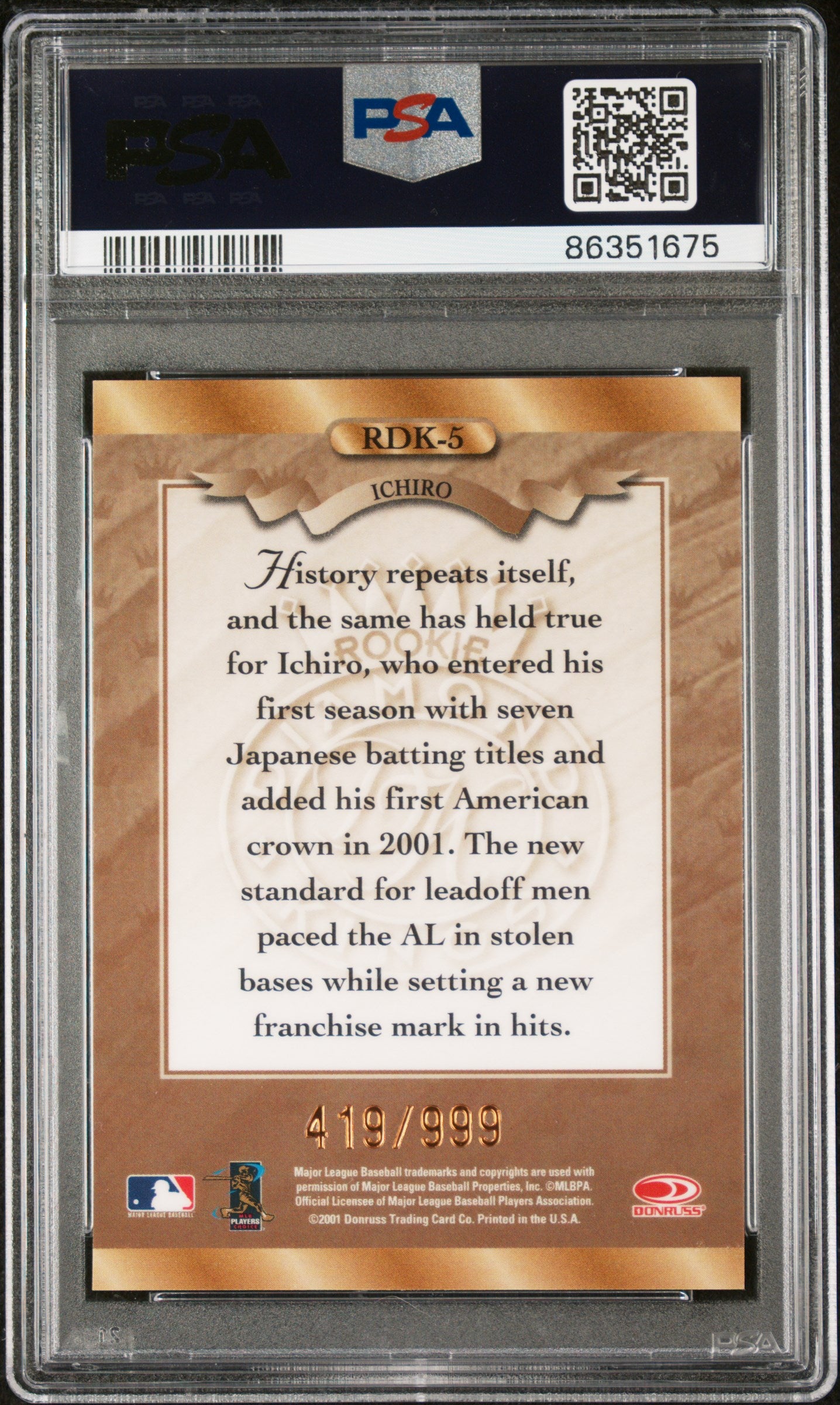 2001 Donruss Rookie Diamond Kings Baseball's Best-Bronze Ichiro #RDK-5 /999 PSA 9