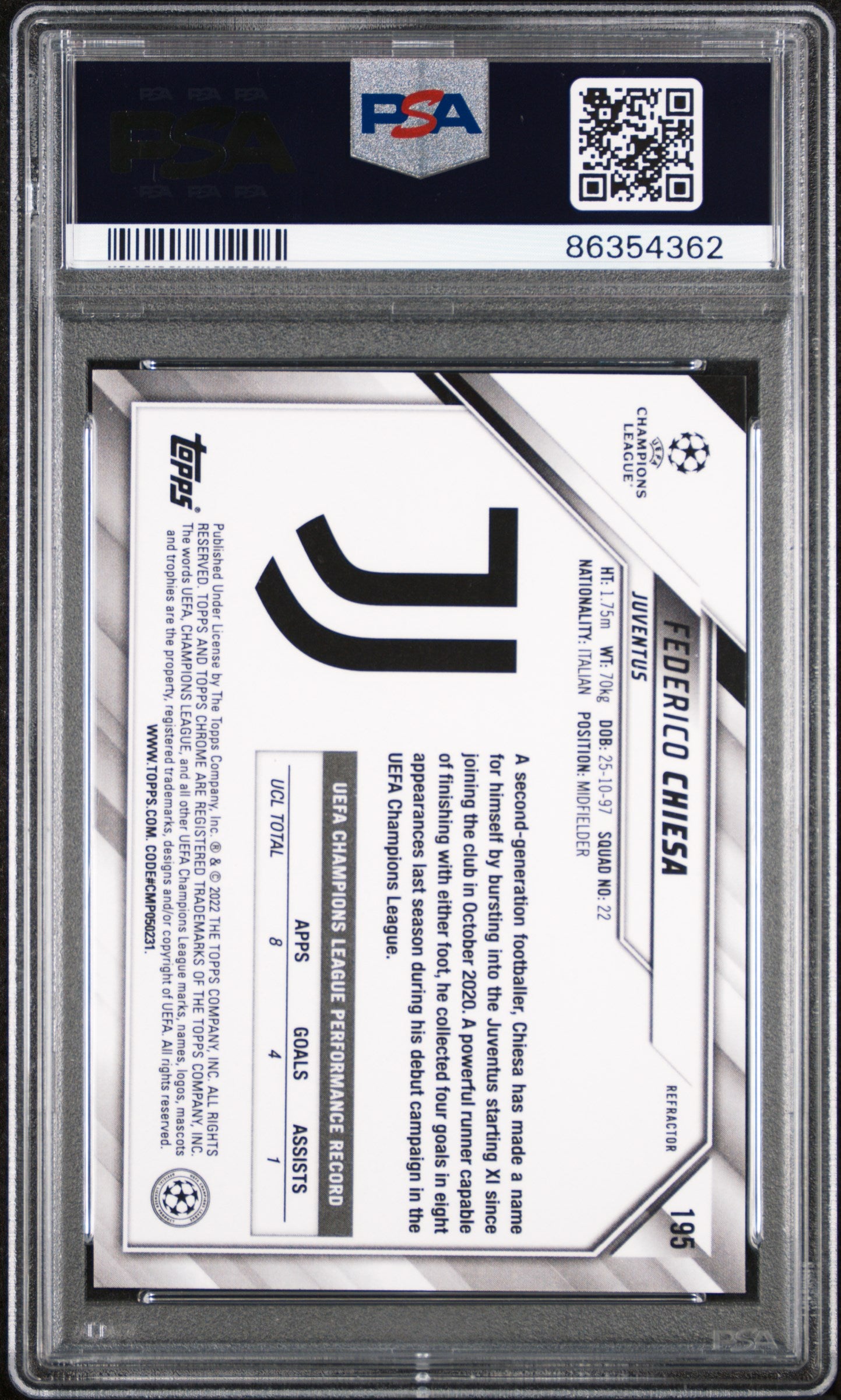 2021 Topps Chrome UEFA Champions League Refractor Federico Chiesa #195 PSA 10