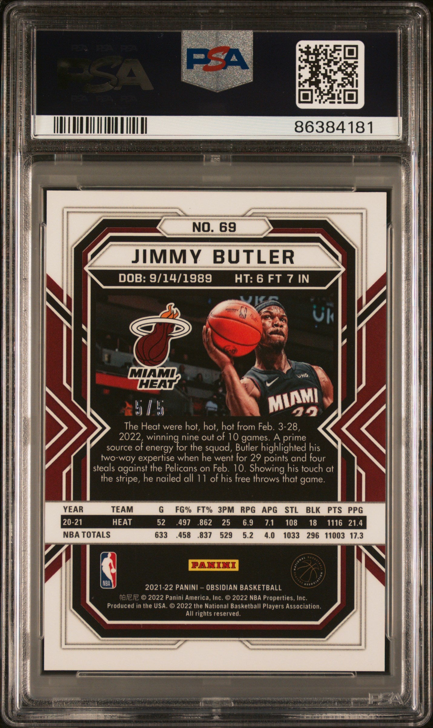 2021-22 Panini Obsidian Electric Etch Red Jimmy Butler #69 /5 PSA 9