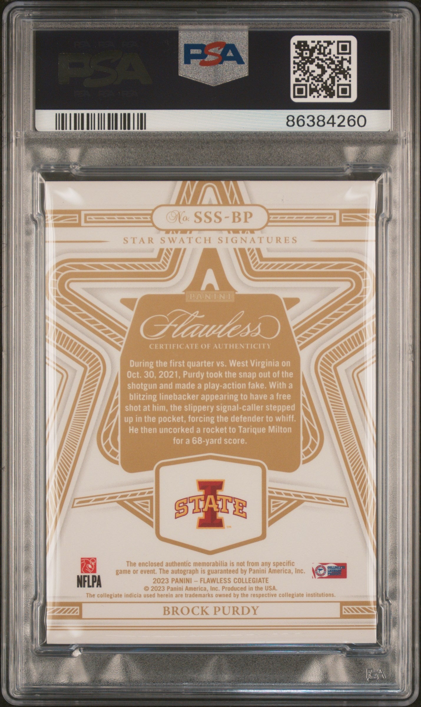 2023 Panini Flawless Collegiate Star Swatch Signatures Brock Purdy #SSSBP /25 PSA 9