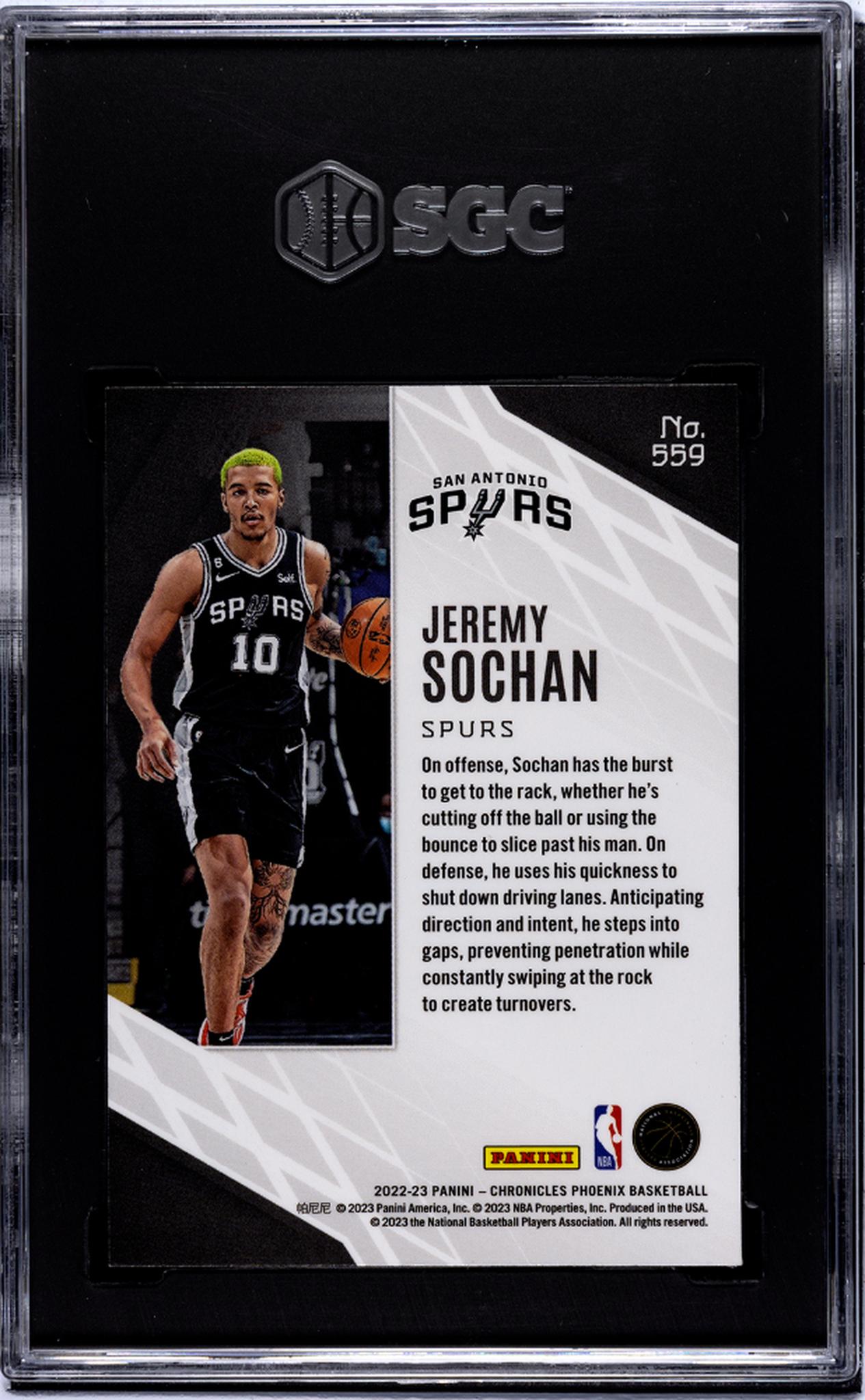 2022-23 Panini Chronicles Phoenix Pink Jeremy Sochan #559 RC SGC 10