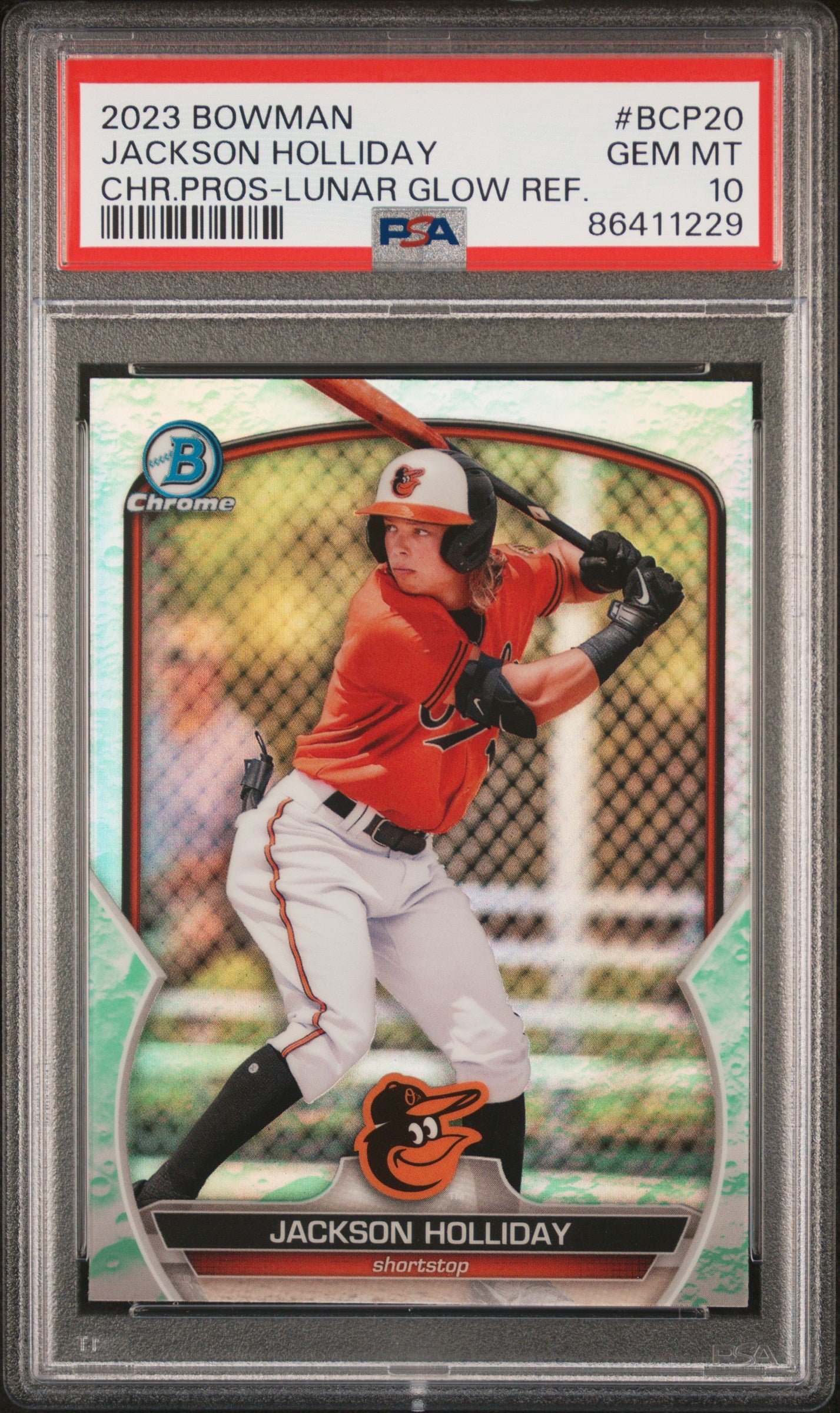 2023 Bowman Chrome Prospect Lunar Glow Refractor Jackson Holliday #BCP20 PSA 10