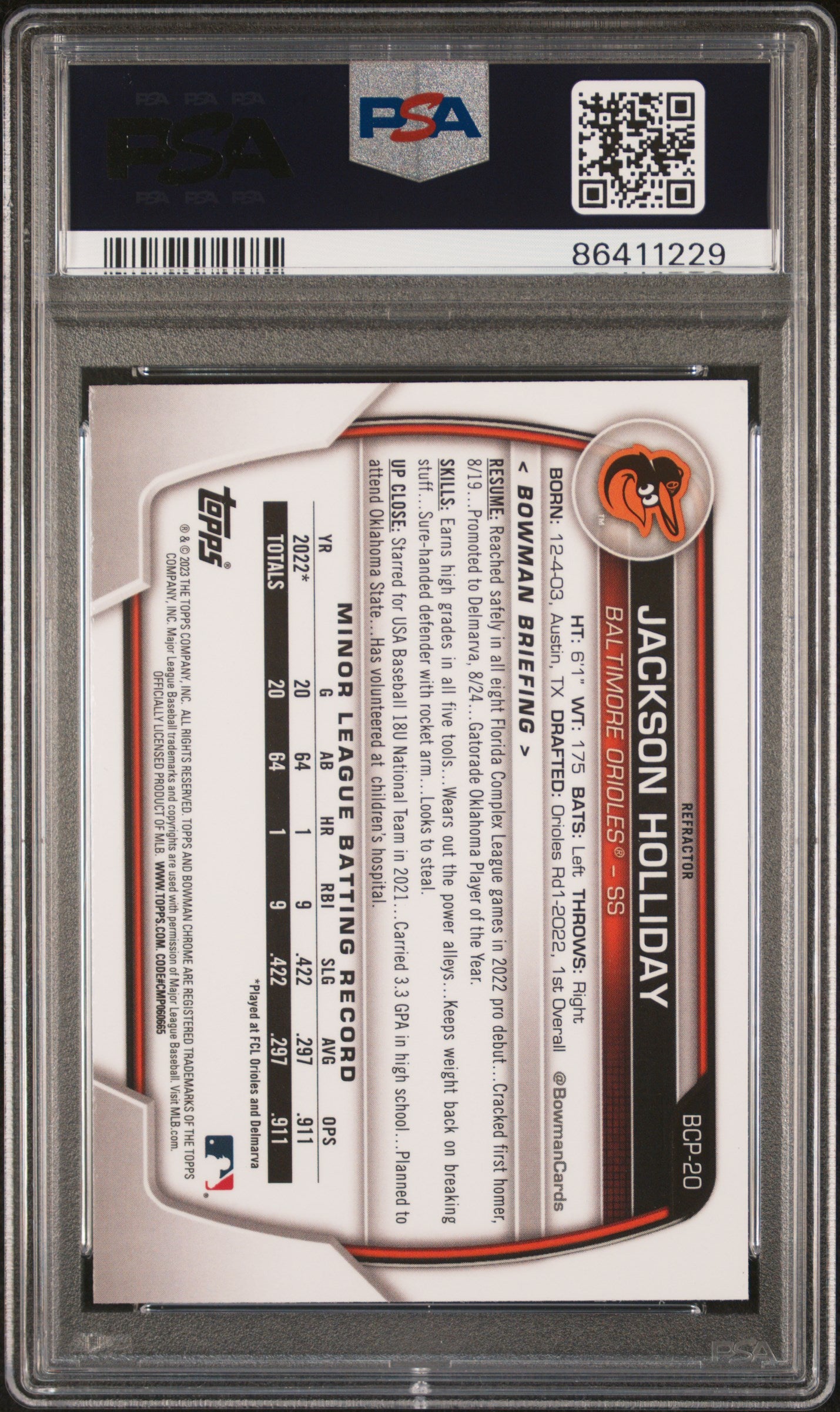 2023 Bowman Chrome Prospect Lunar Glow Refractor Jackson Holliday #BCP20 PSA 10