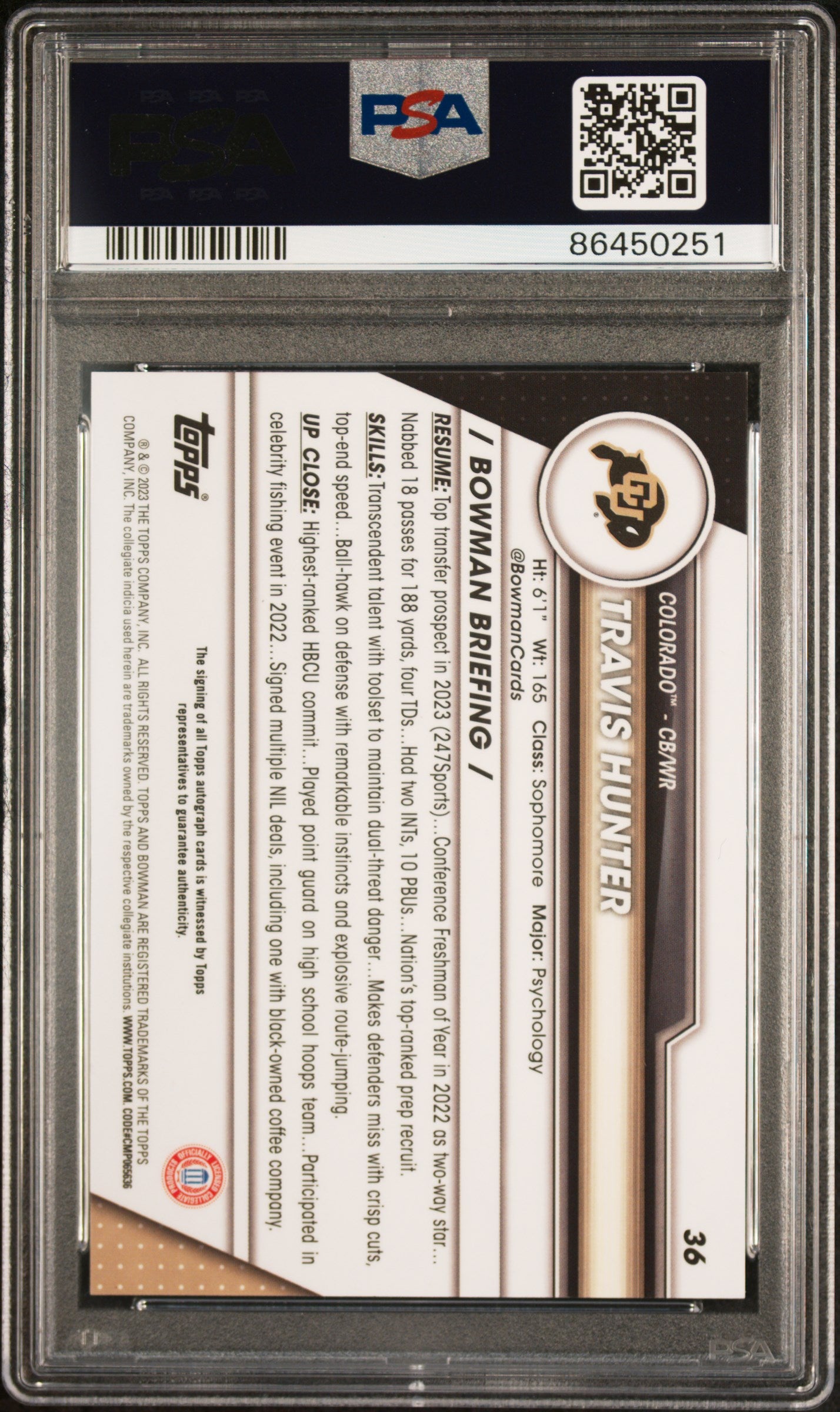 2023 Bowman Chrome University Autographs Travis Hunter #36 PSA 10