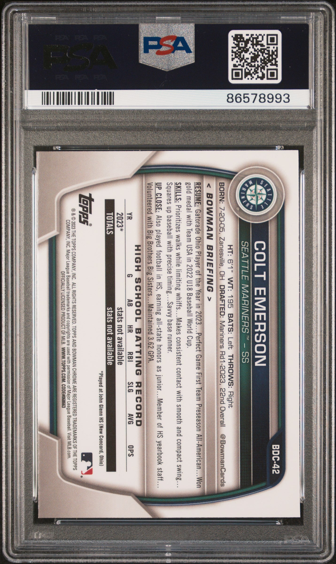 2023 Bowman Draft Chrome Colt Emerson #BDC42 1st Bowman PSA 10