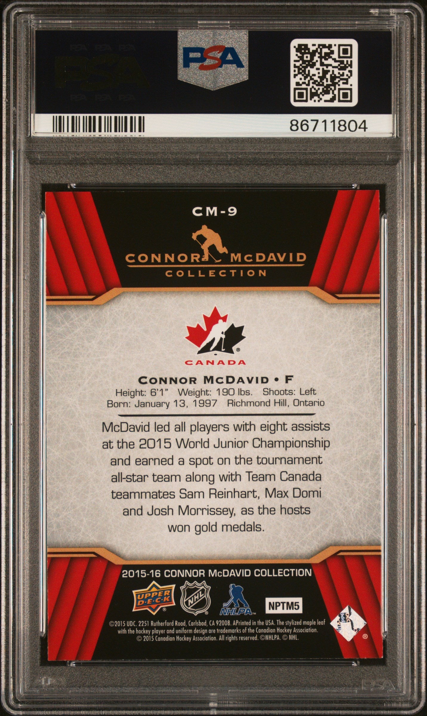 2015 Upper Deck Connor Mcdavid Collection Connor Mcdavid #9 PSA 10