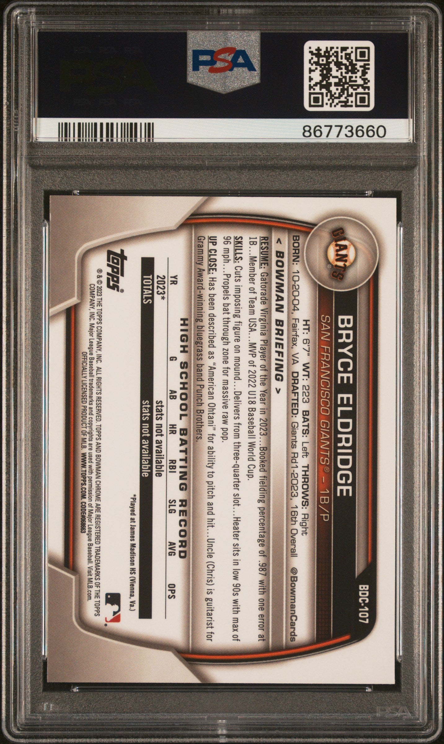 2023 Topps Bowman Draft Sapphire Edition Bryce Eldridge #BDC107 PSA 10