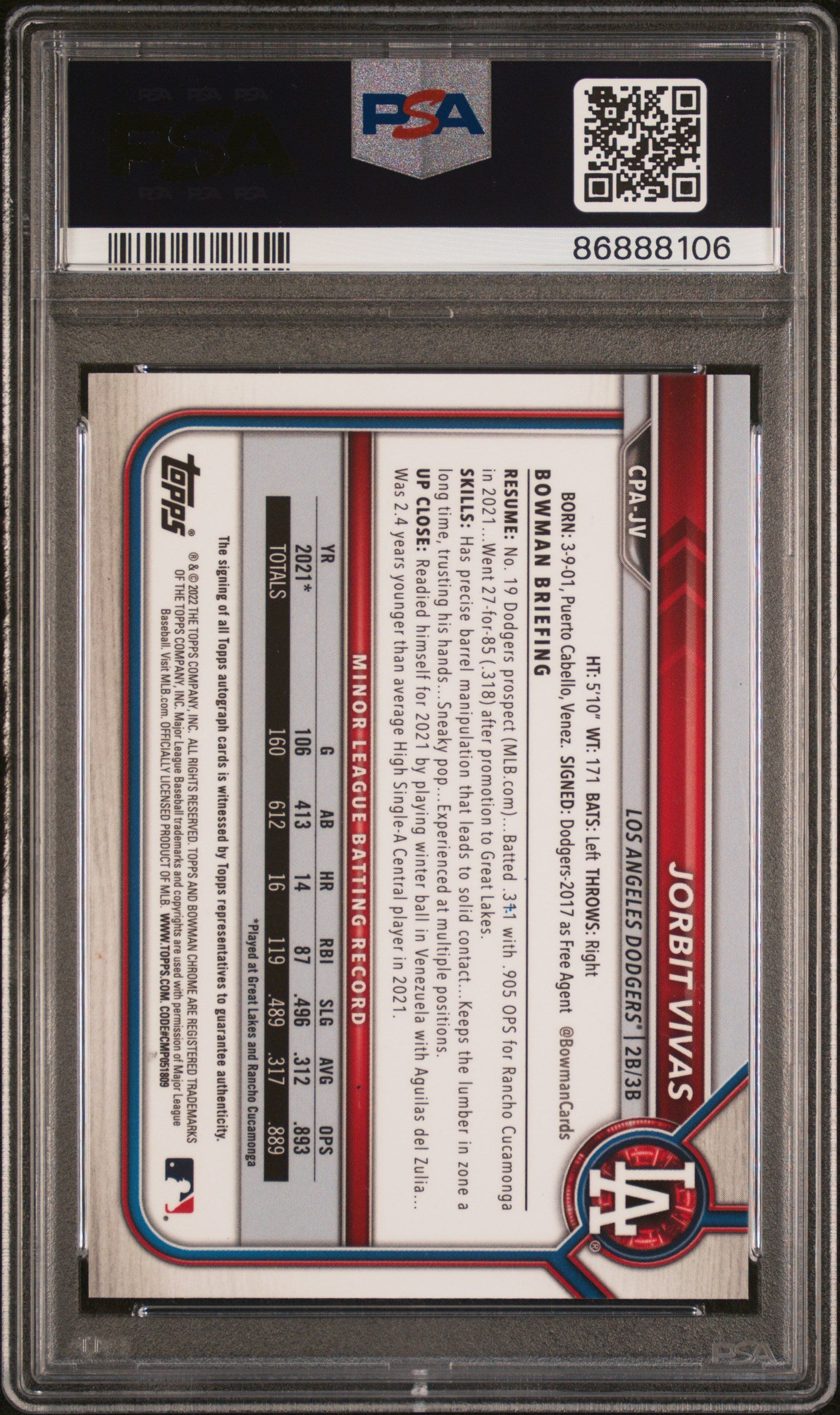 2022 Bowman Chrome Atomic Refractor Jorbit Vivas #CPA-JV Auto /100 PSA 10