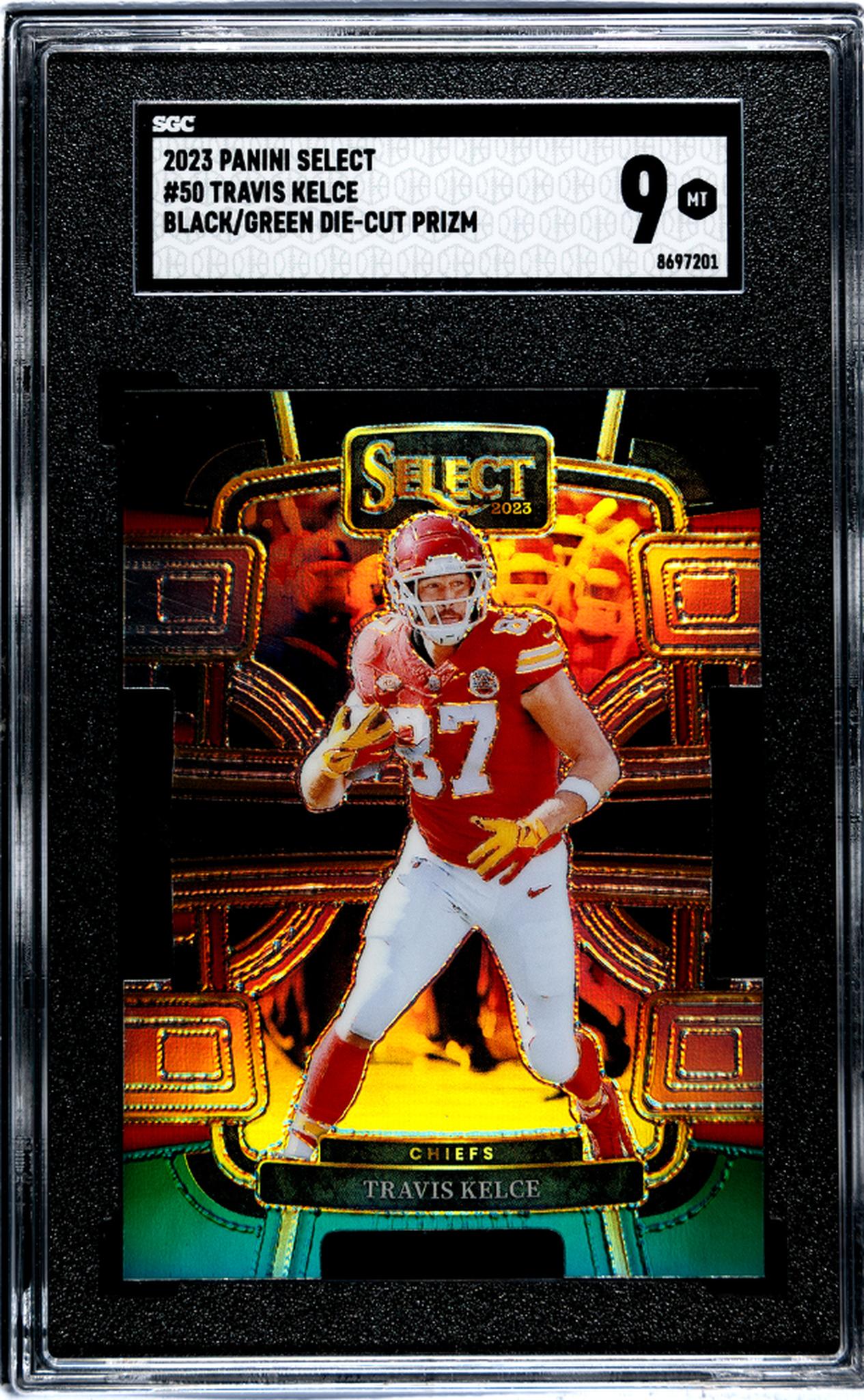 2023 Panini Select #50 Travis Kelce Black/Green Die-Cut Prizm SGC 9