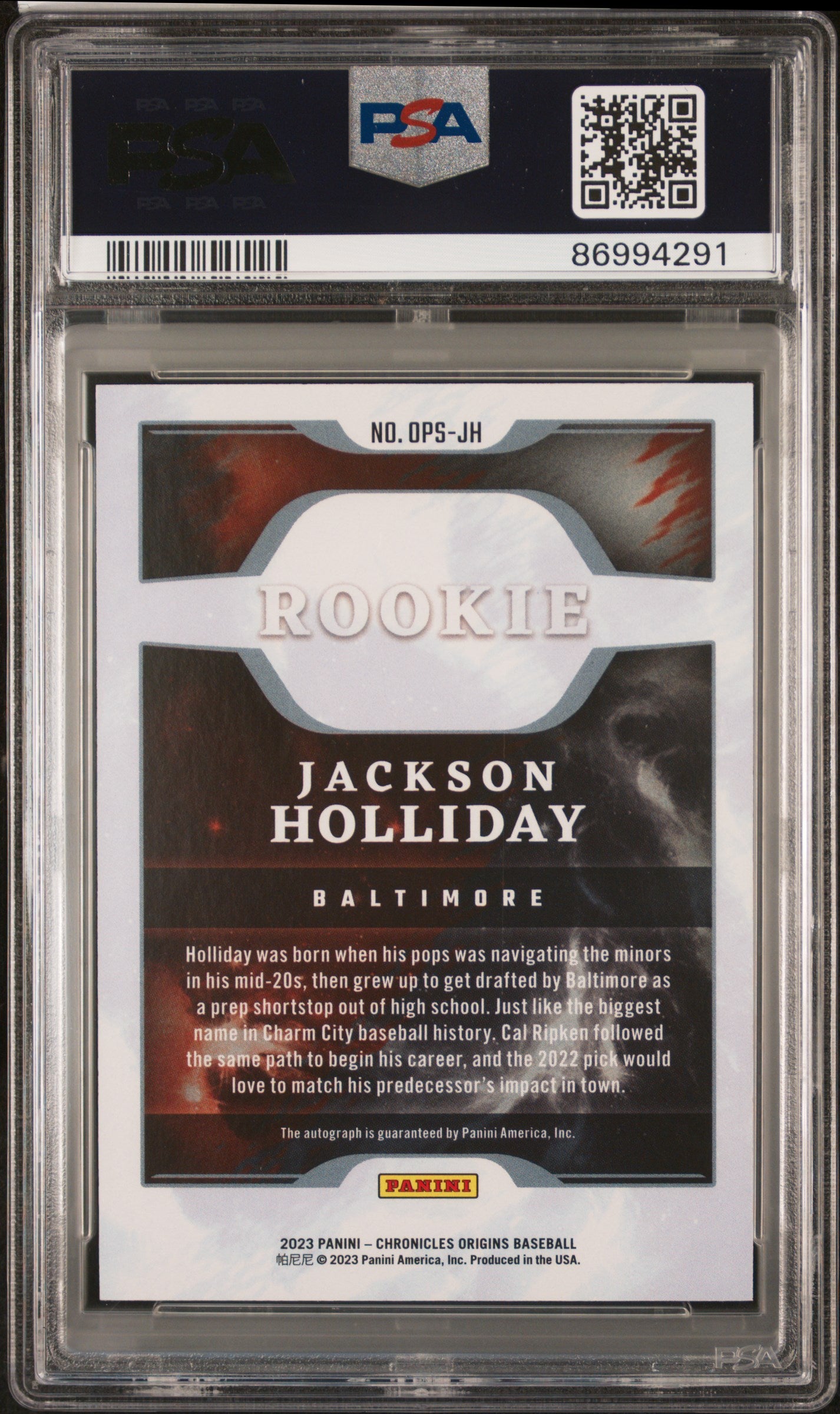 2023 Chronicles #OPS-JH Jackson Holliday Origins Rookie Sig-Red /99 PSA 8