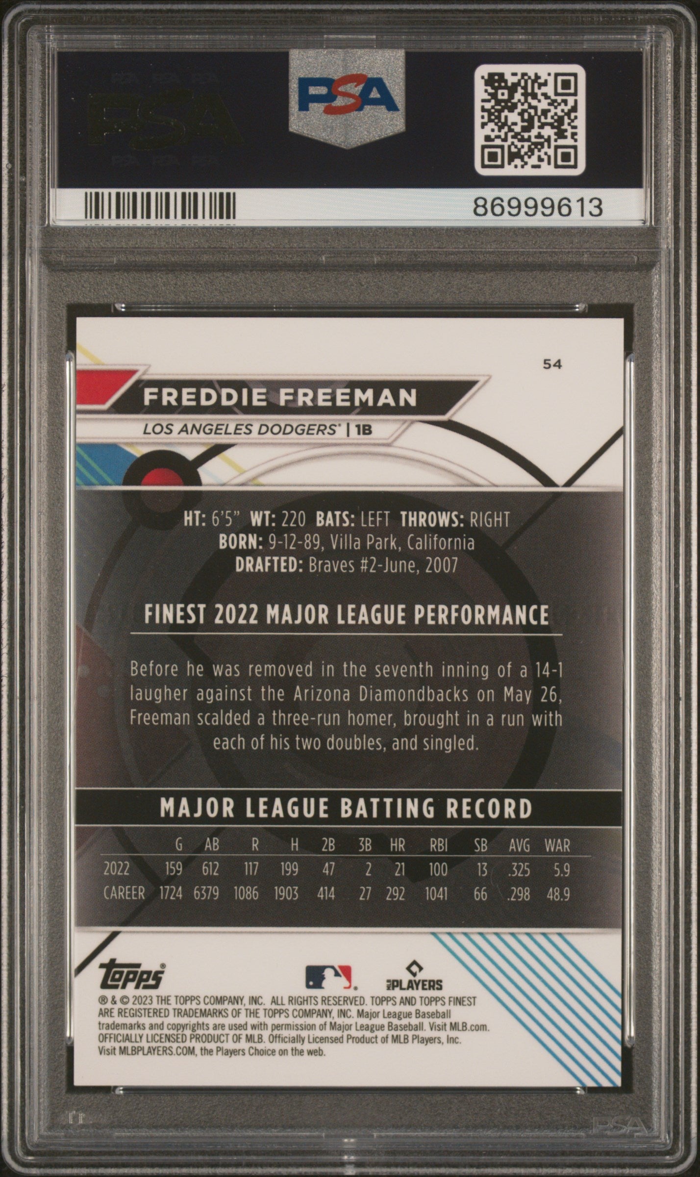 2023 Finest #54 Freddie Freeman /75 PSA 10