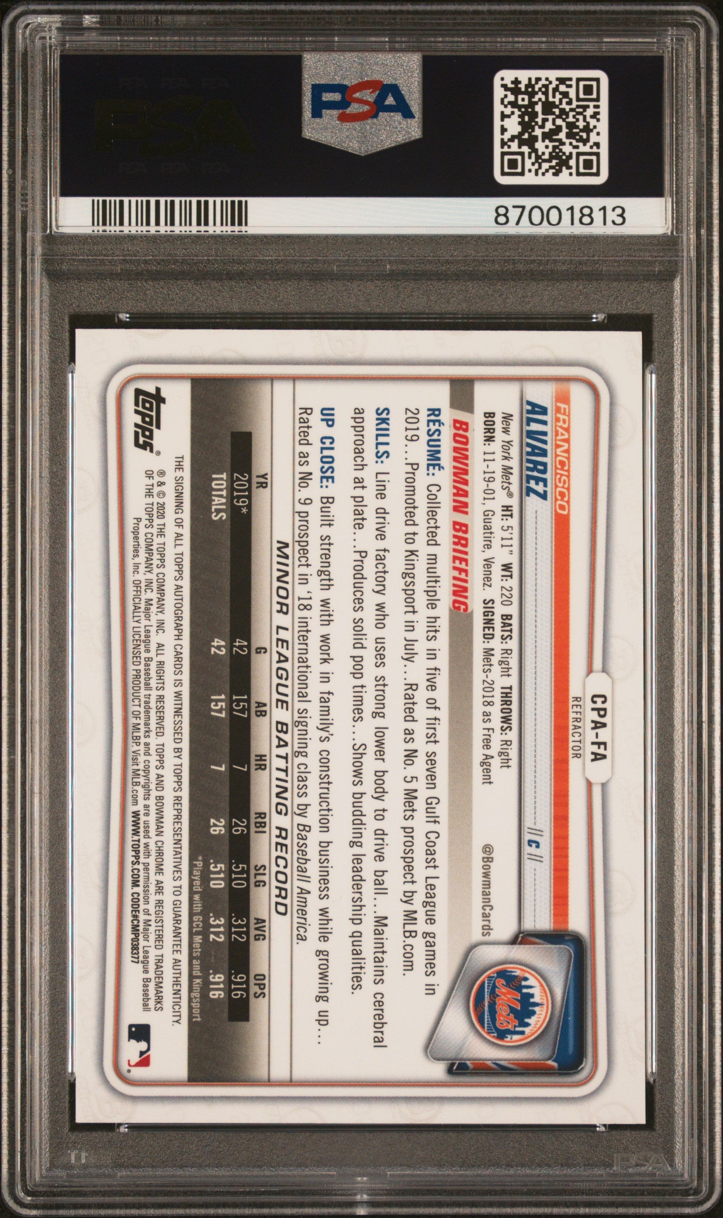 2020 Bowman Chrome Refractor Francisco Alvarez #CPA-FA Auto /499 PSA 9