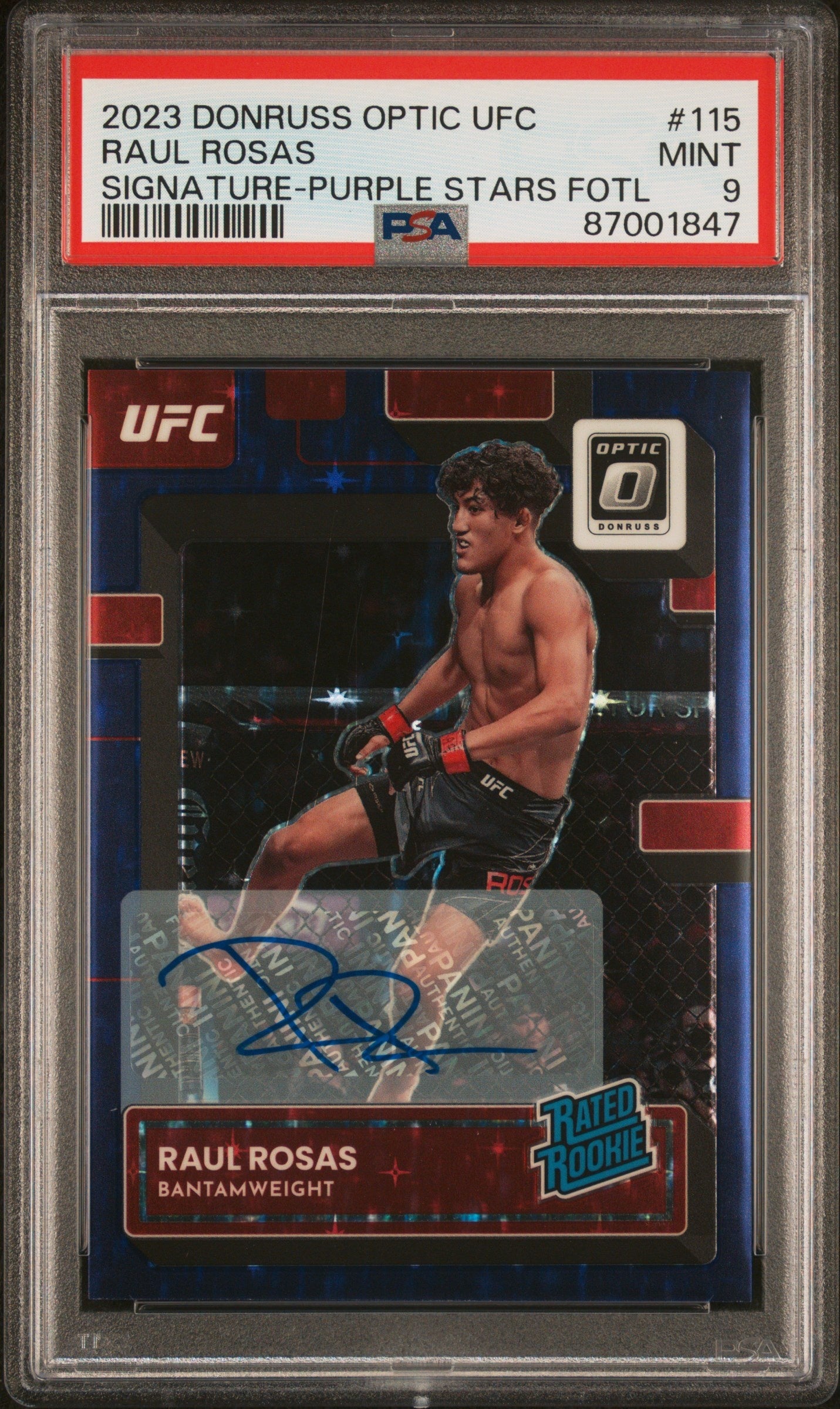 2023 Panini Donruss Optic UFC #115 Raul Rosas Jr. Signature-Purple Stars Fotl PSA 9