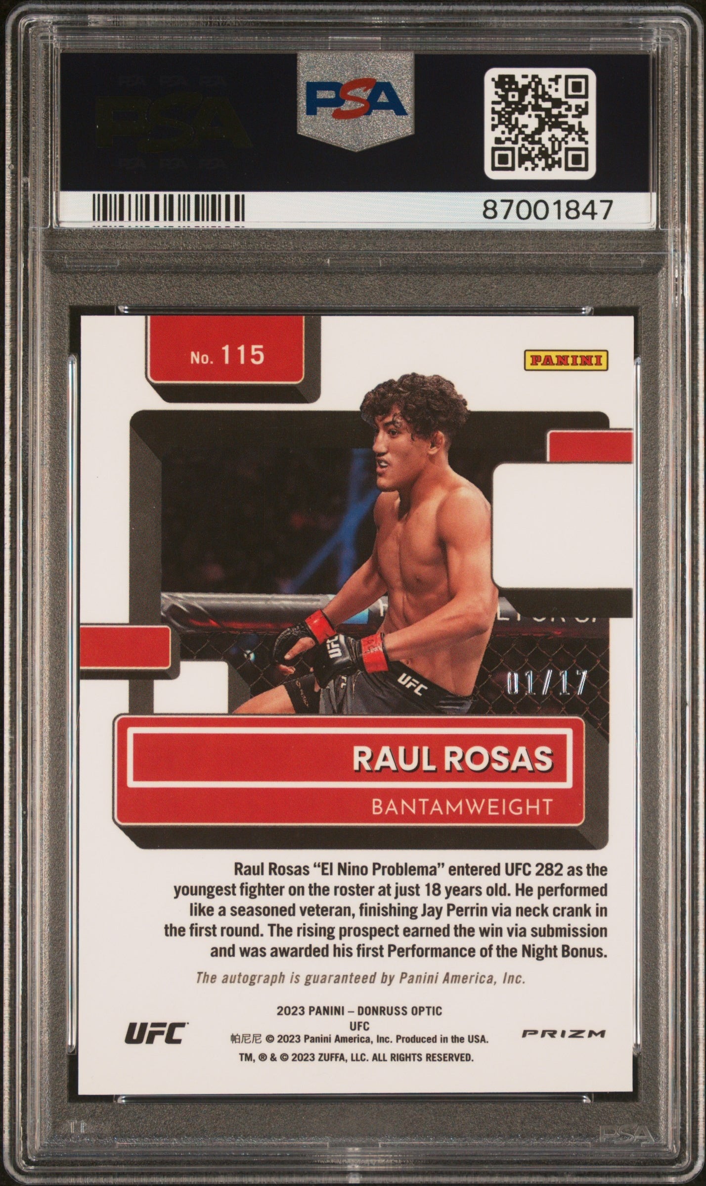 2023 Panini Donruss Optic UFC #115 Raul Rosas Jr. Signature-Purple Stars Fotl PSA 9