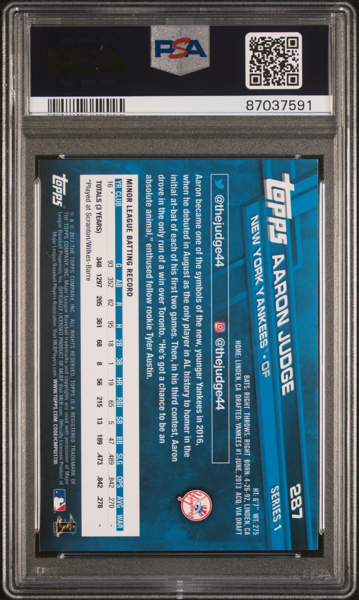 2017 Topps Aaron Judge #287A PSA 9