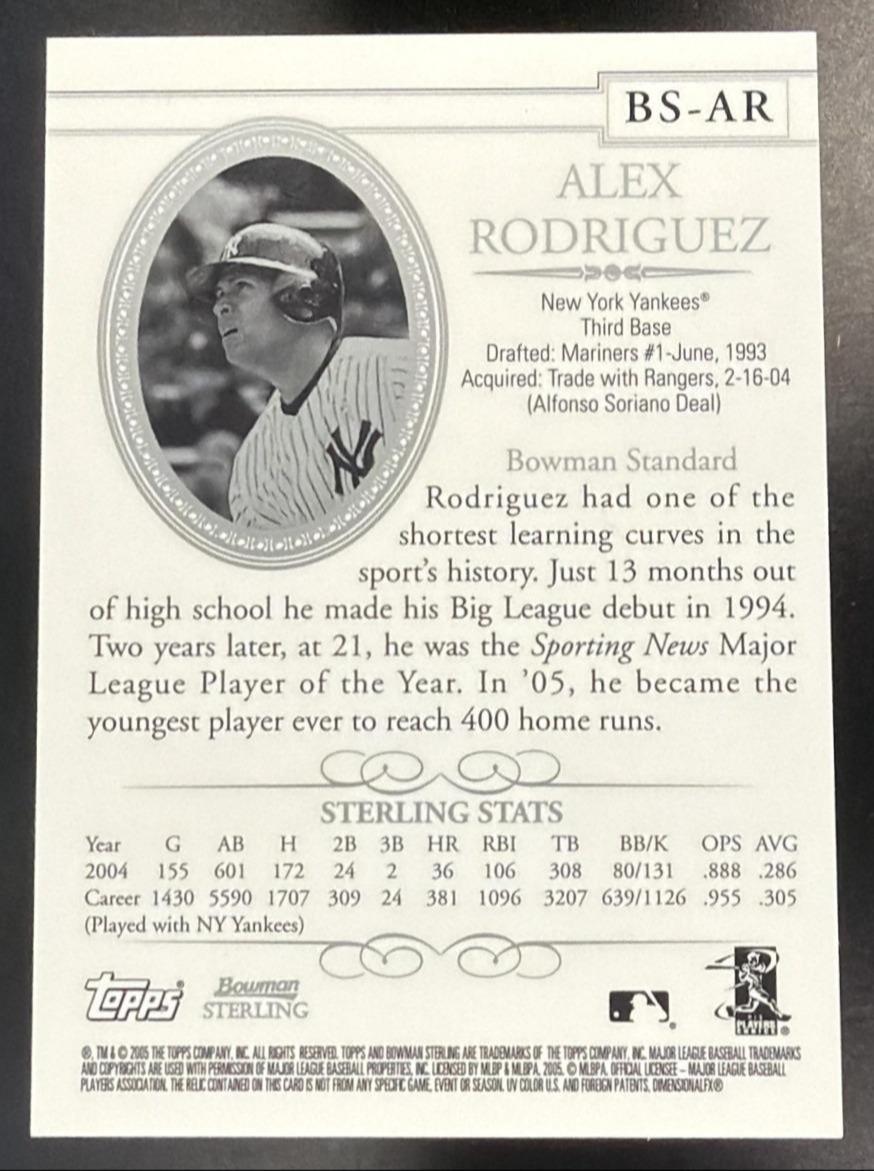2005 Bowman Sterling Alex Rodriguez Game Used Bat MEM Yankees