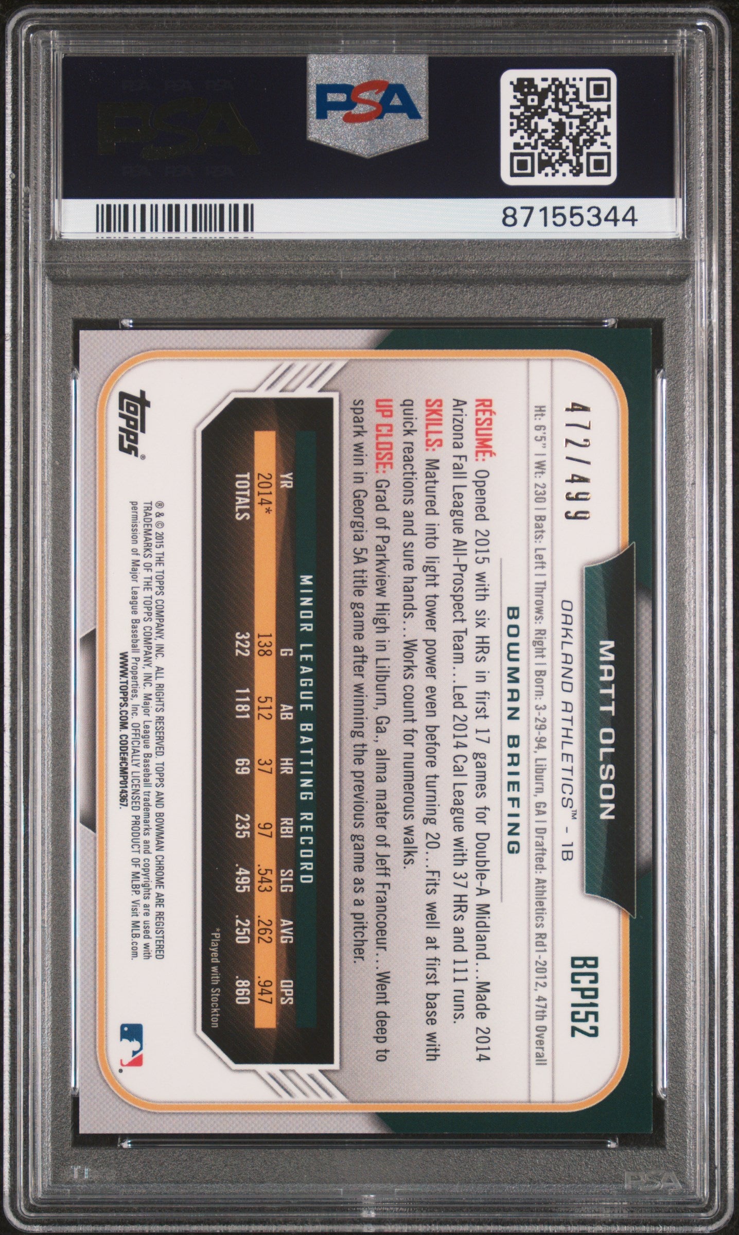 2015 Bowman Chrome Prospects Refractor Matt Olson #BCP152 /499 PSA 10