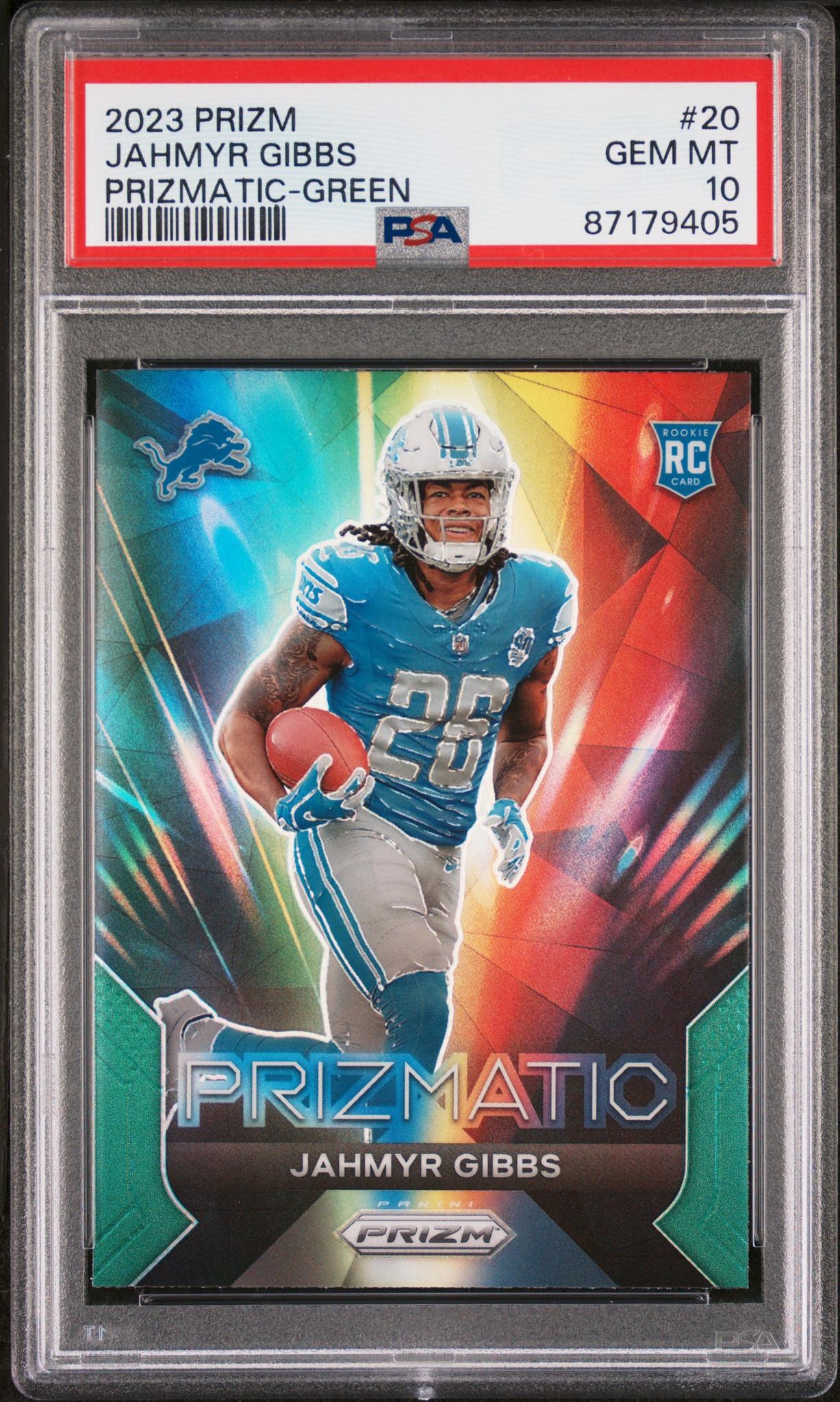 2023 Panini Prizm Prizmatic Green Jahmyr Gibbs #20 RC PSA 10