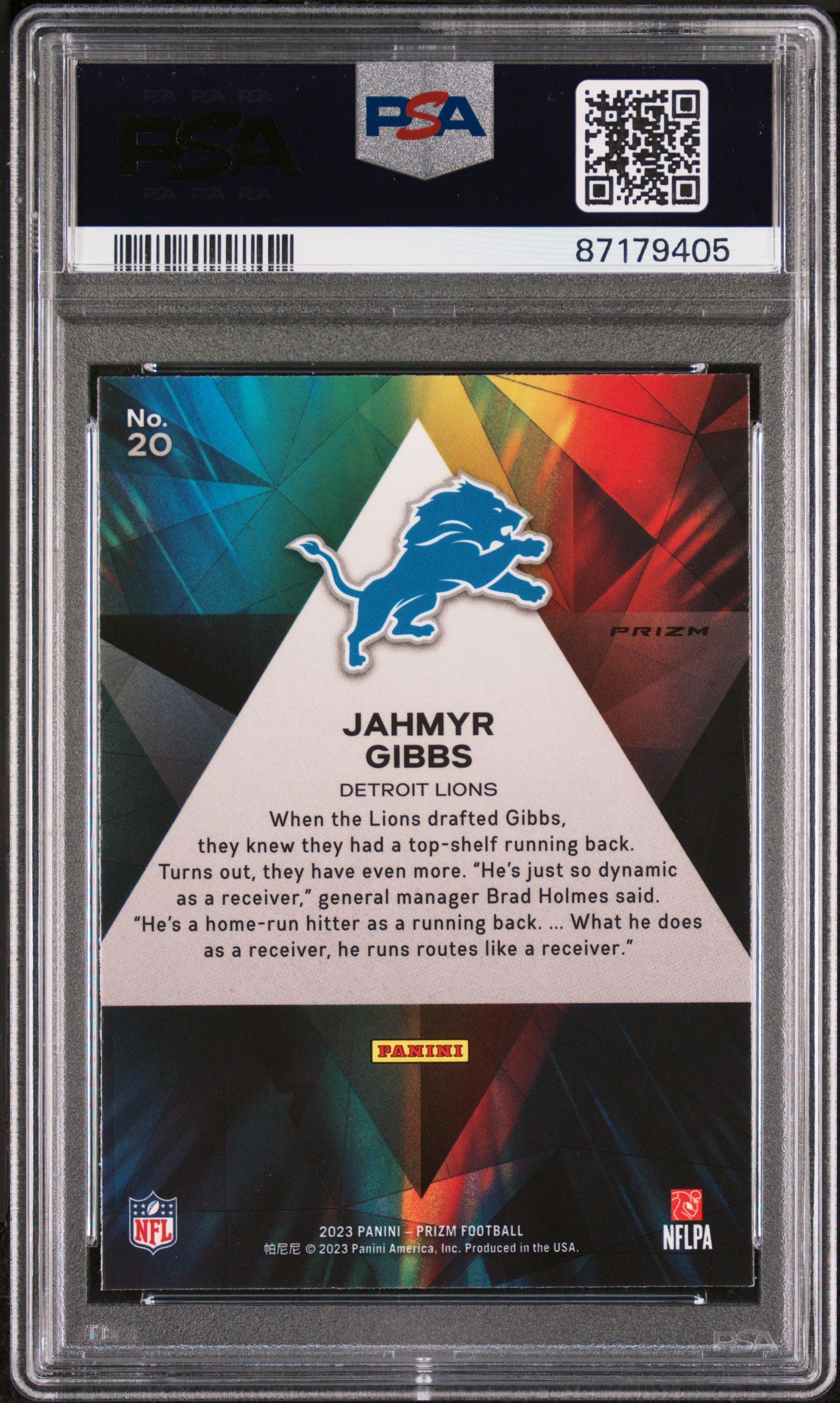 2023 Panini Prizm Prizmatic Green Jahmyr Gibbs #20 RC PSA 10