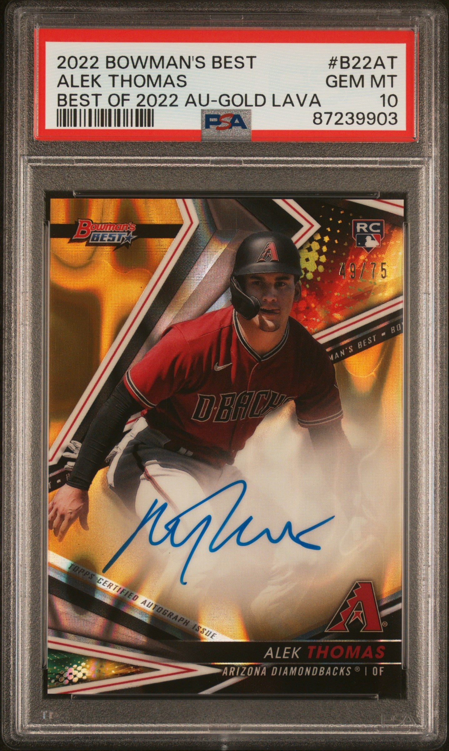 2022 Bowman's Best Best of 2022 Autographs Gold Lava Refractor Alek Thomas #B22AT /75 PSA 10