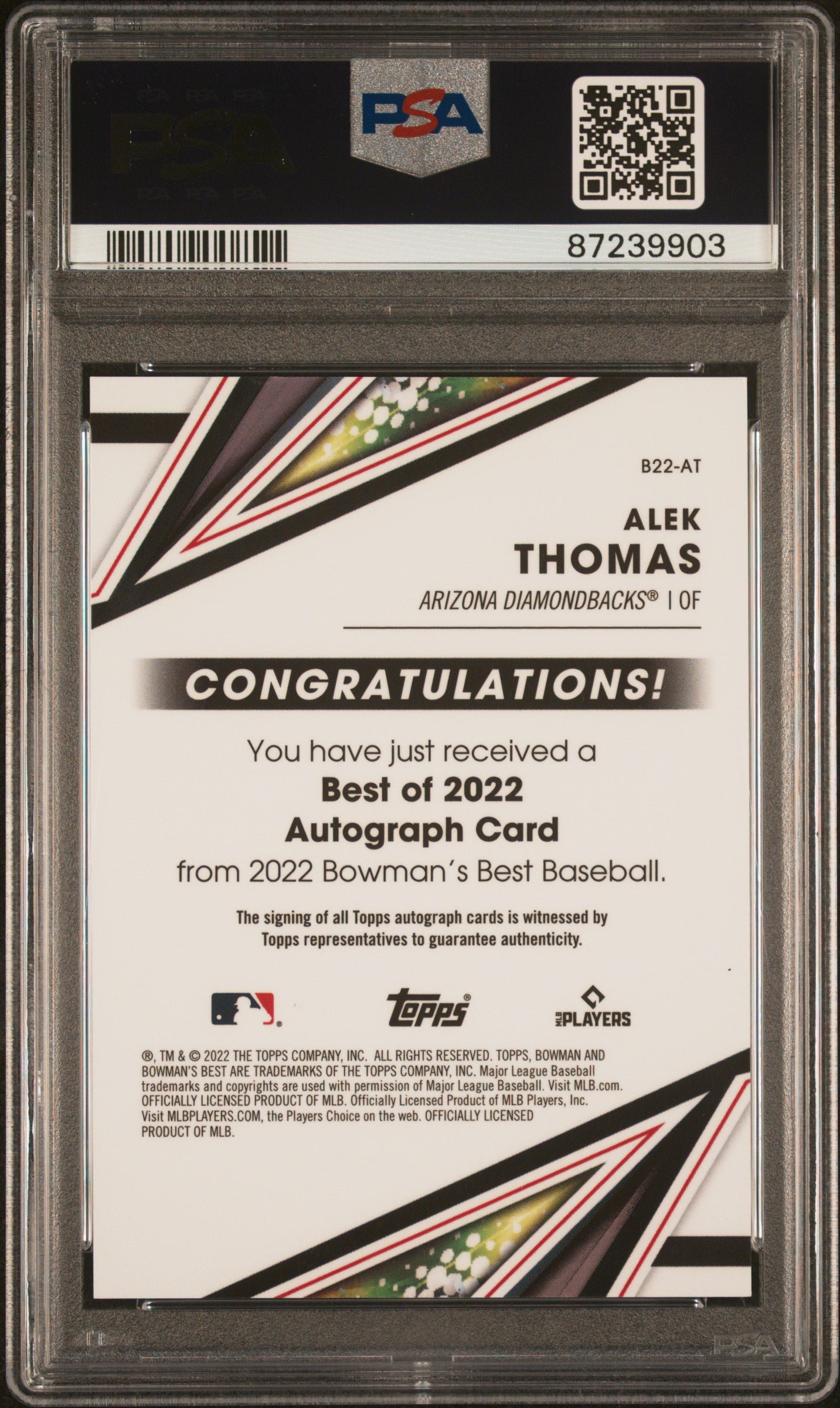 2022 Bowman's Best Best of 2022 Autographs Gold Lava Refractor Alek Thomas #B22AT /75 PSA 10