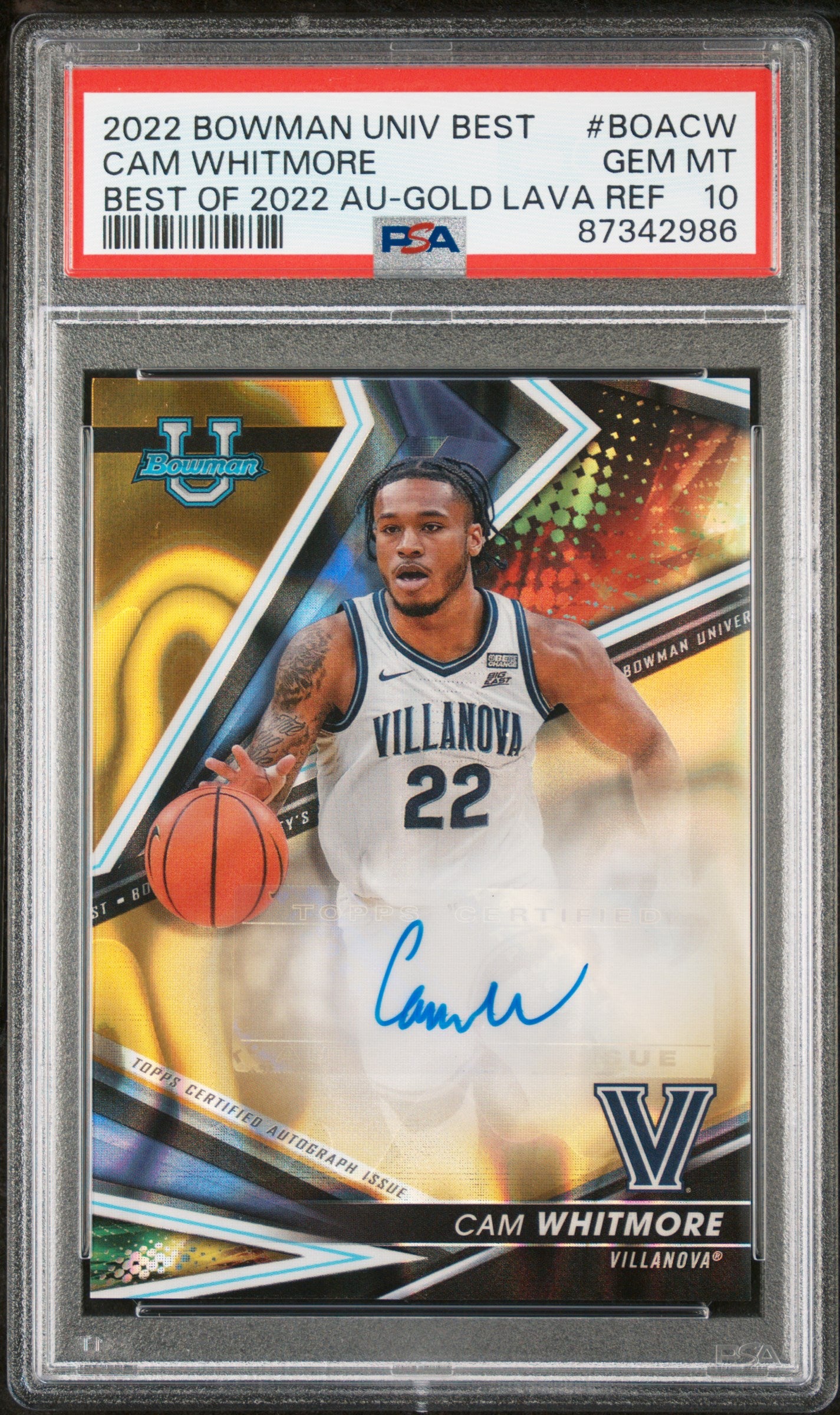 2022 Bowman University Best Best of 2022 Autograph #BOACW Cam Whitmore Gold Lava Refractor PSA 10