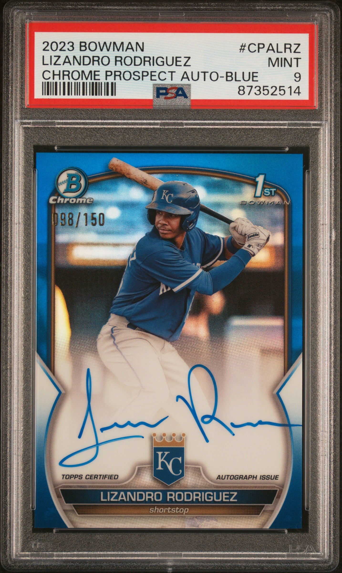 2023 Bowman #CPALRZ Lizandro Rodriguez Chrome Prospect Autograph Blue Lunar Crater Refractor /150 PSA 9