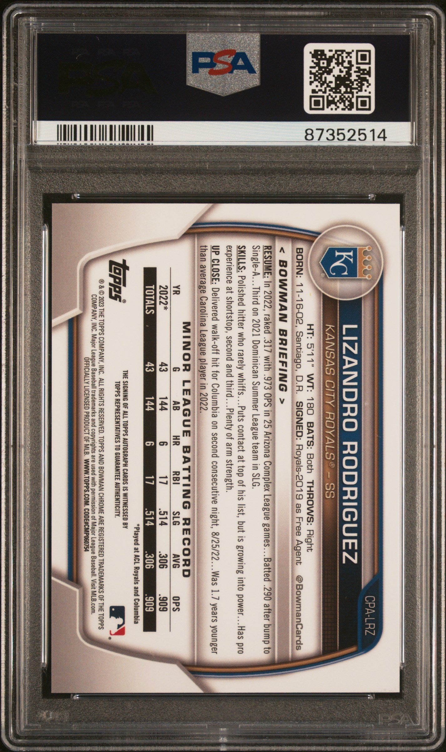 2023 Bowman #CPALRZ Lizandro Rodriguez Chrome Prospect Autograph Blue Lunar Crater Refractor /150 PSA 9