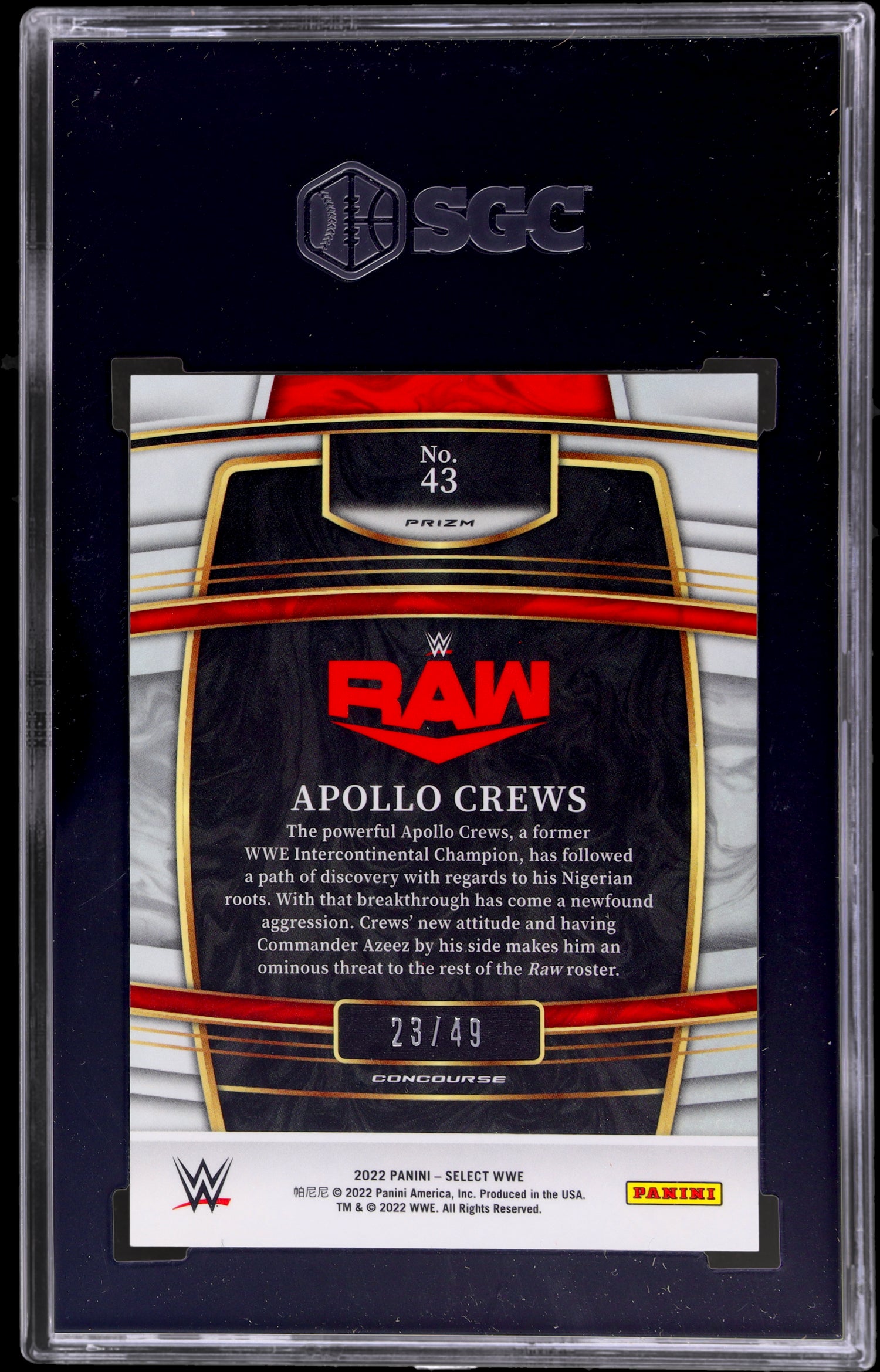 2022 Panini Select WWE Neon Green Prizm Apollo Crews #43 23/49 SGC 9.5
