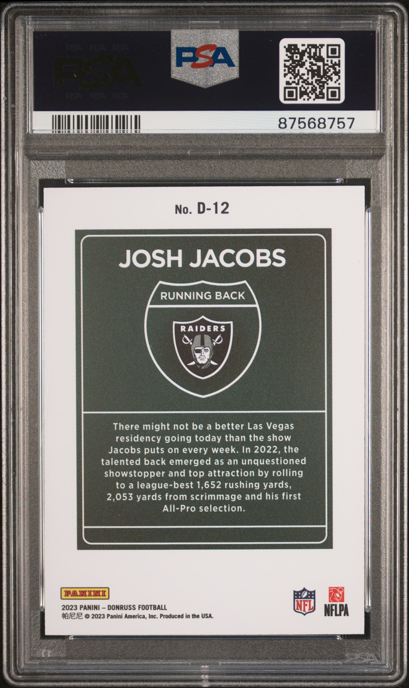 2023 Donruss #D-12 Josh Jacobs Downtown PSA 10
