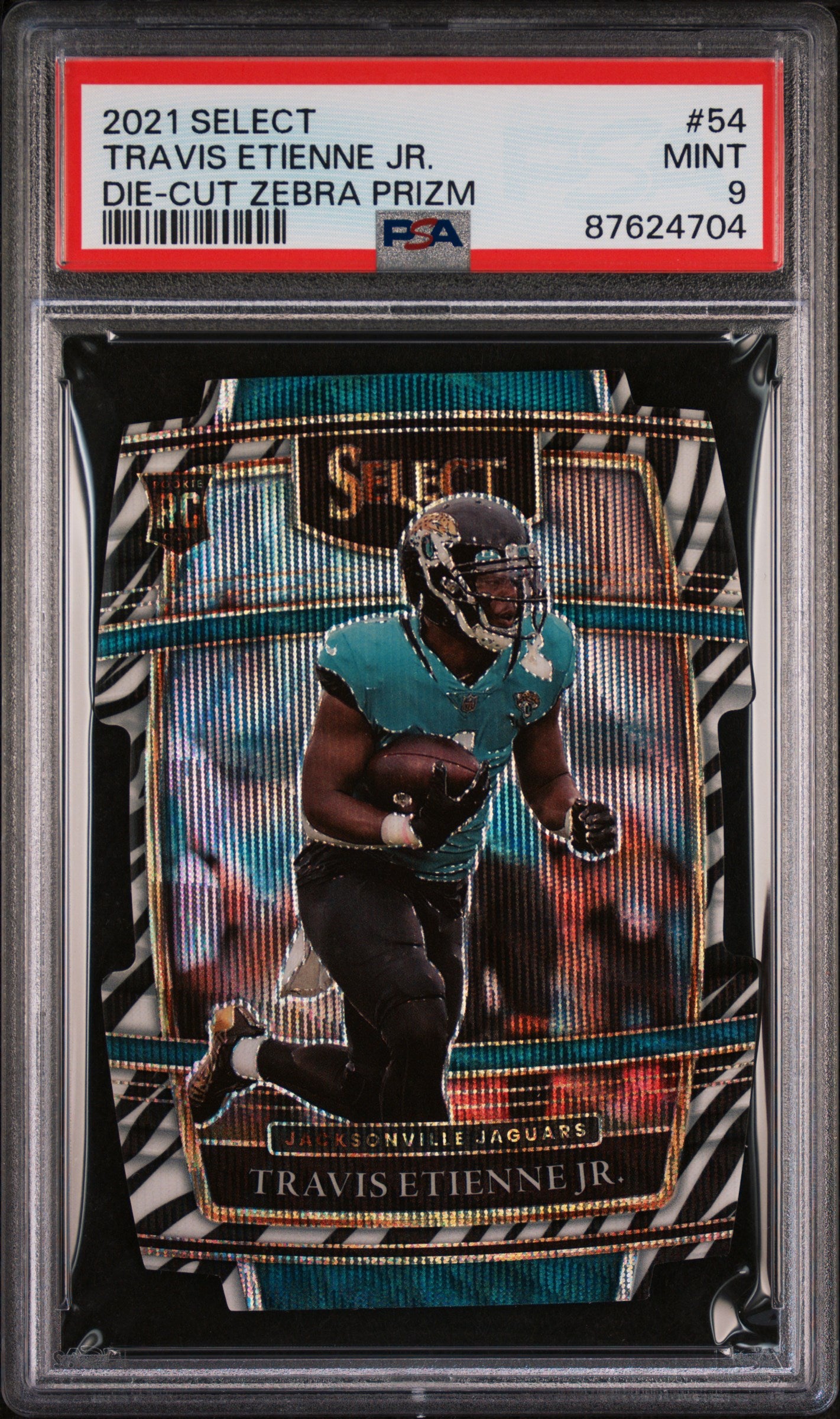 2021 Panini Select Die-Cut Zebra Prizm Travis Etienne Jr. #54 RC Concourse PSA 9