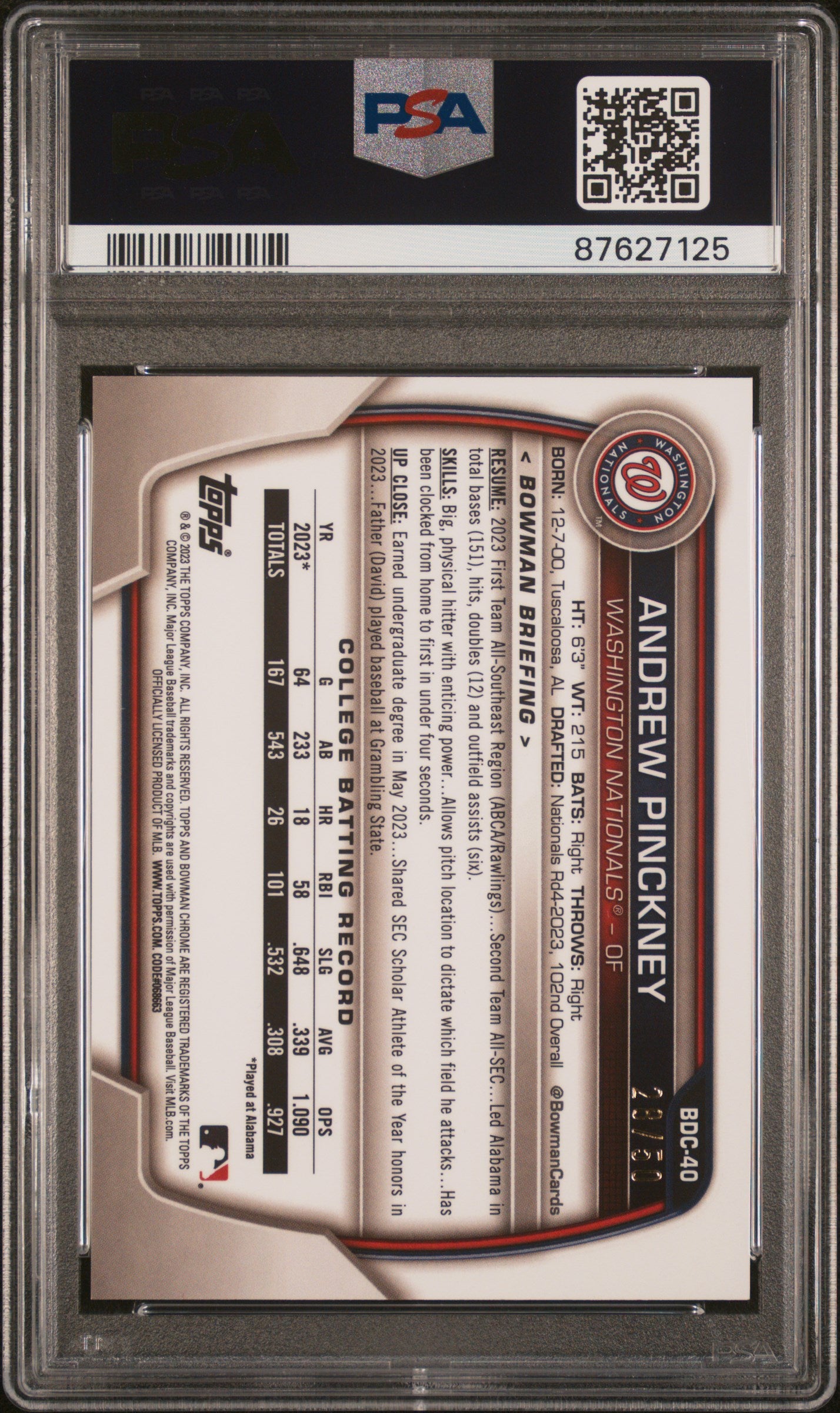 2023 Bowman Draft Sapphire Edition #BDC40 Andrew Pinckney Gold PSA 10