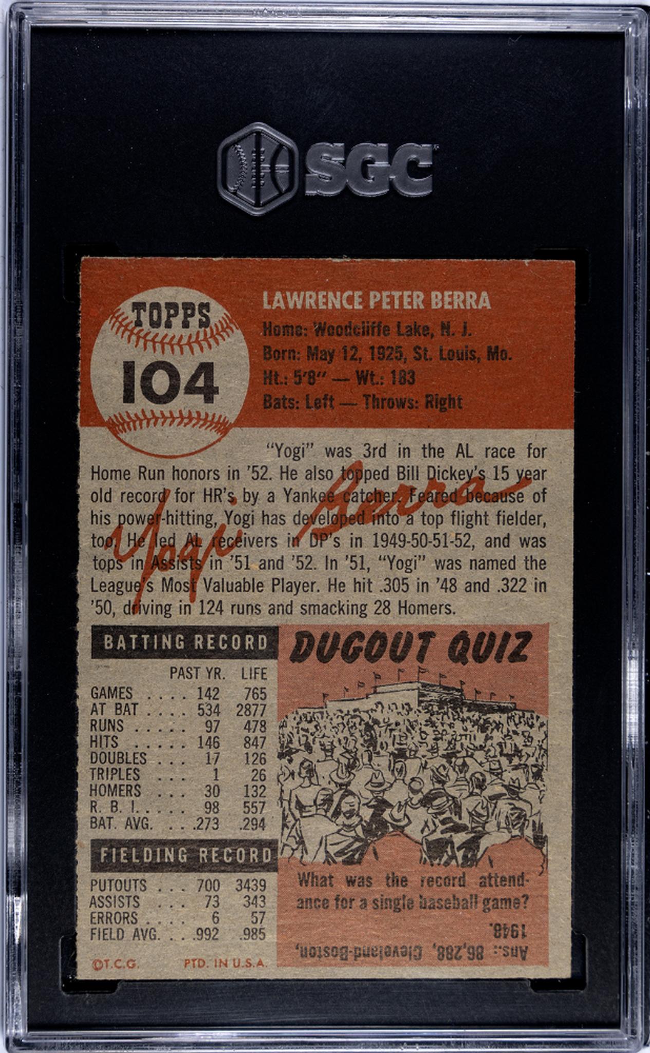 1953 Topps #104 Yogi Berra SGC 6
