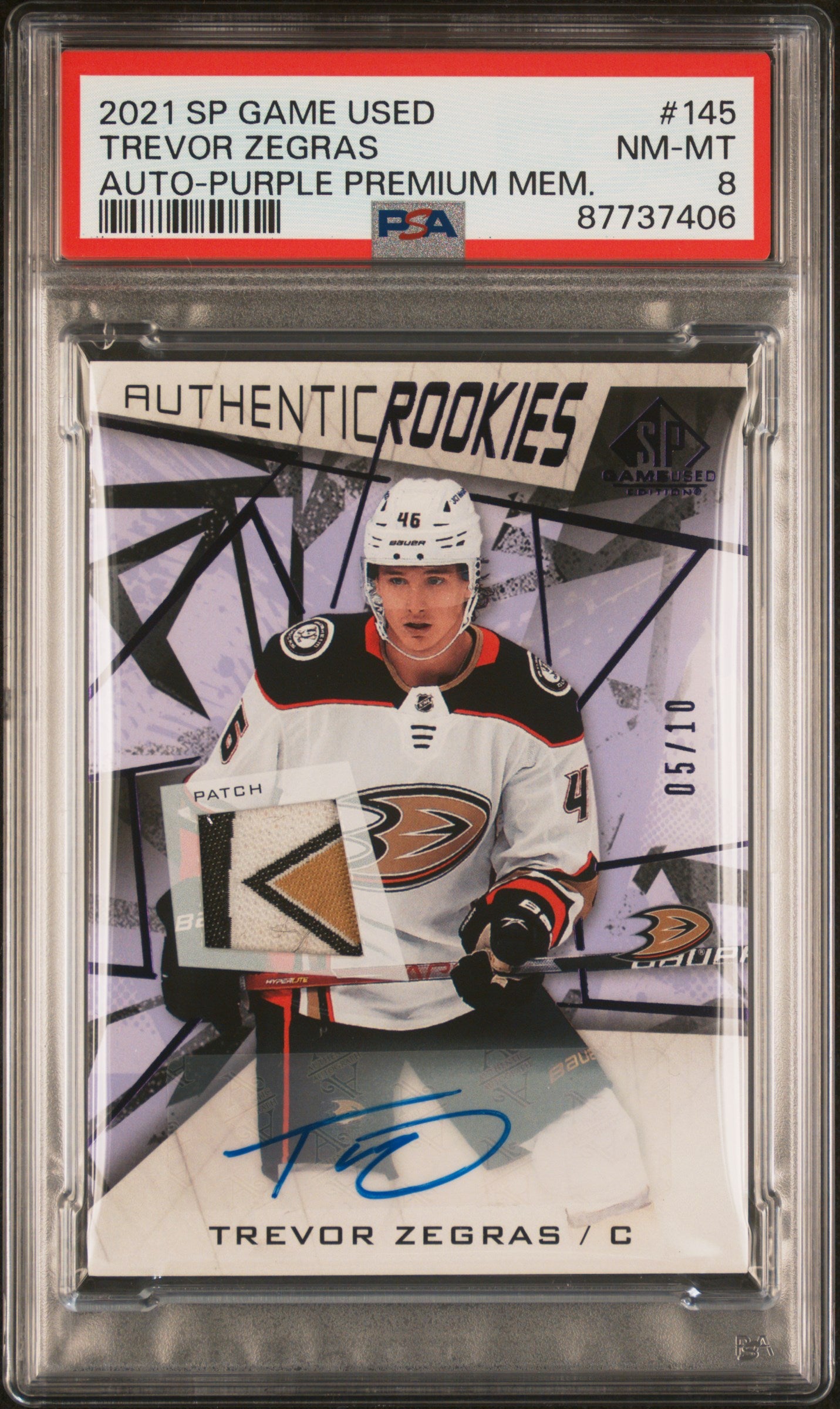 2021 Upper Deck SP Game Used Purple Trevor Zegras #145 RC RPA /10 PSA 8