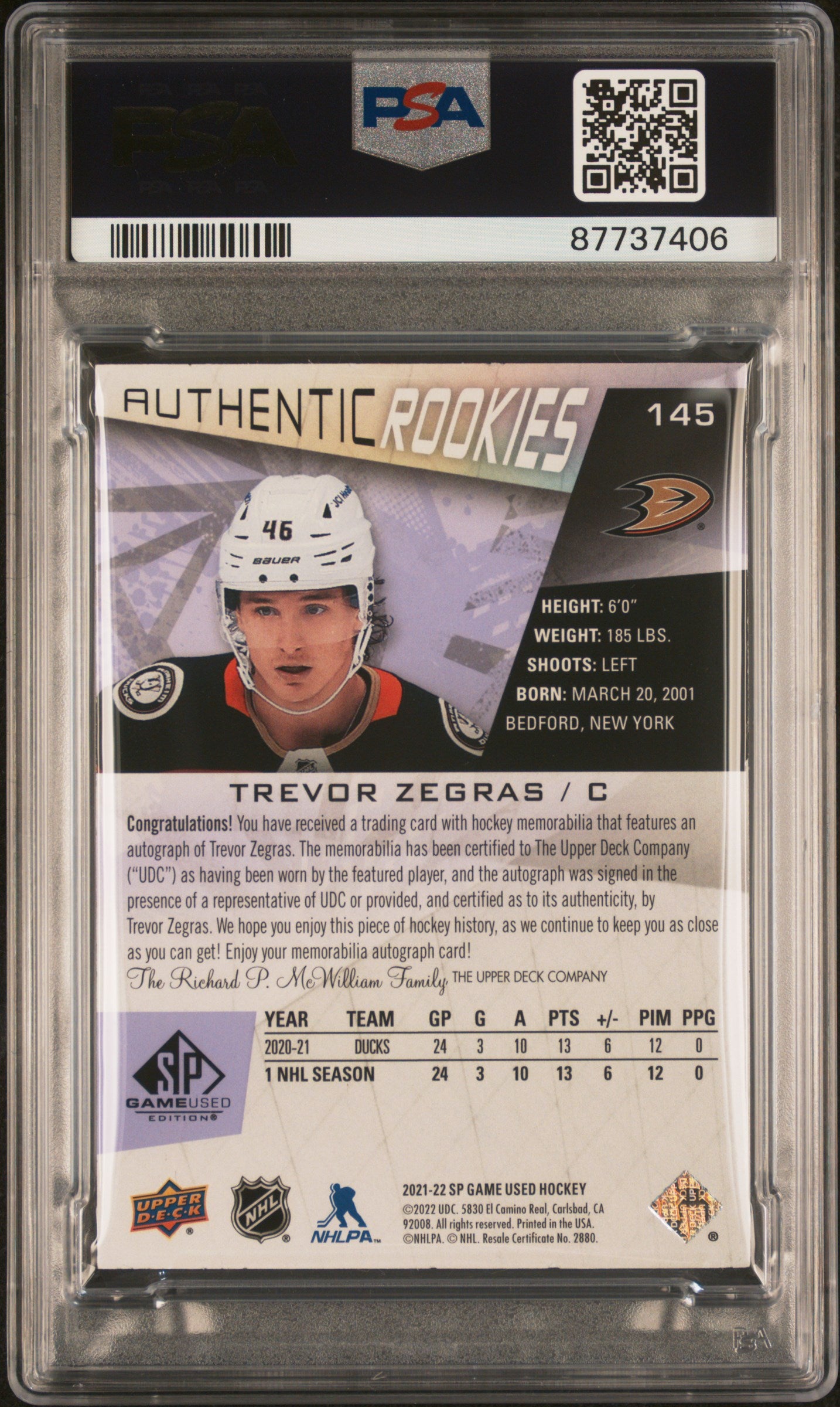 2021 Upper Deck SP Game Used Purple Trevor Zegras #145 RC RPA /10 PSA 8