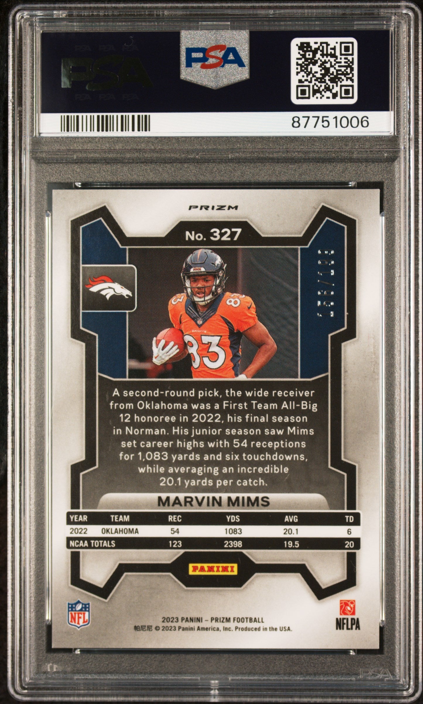 2023 Panini Prizm Blue Wave Marvin Mims #327 RC /199 PSA 10