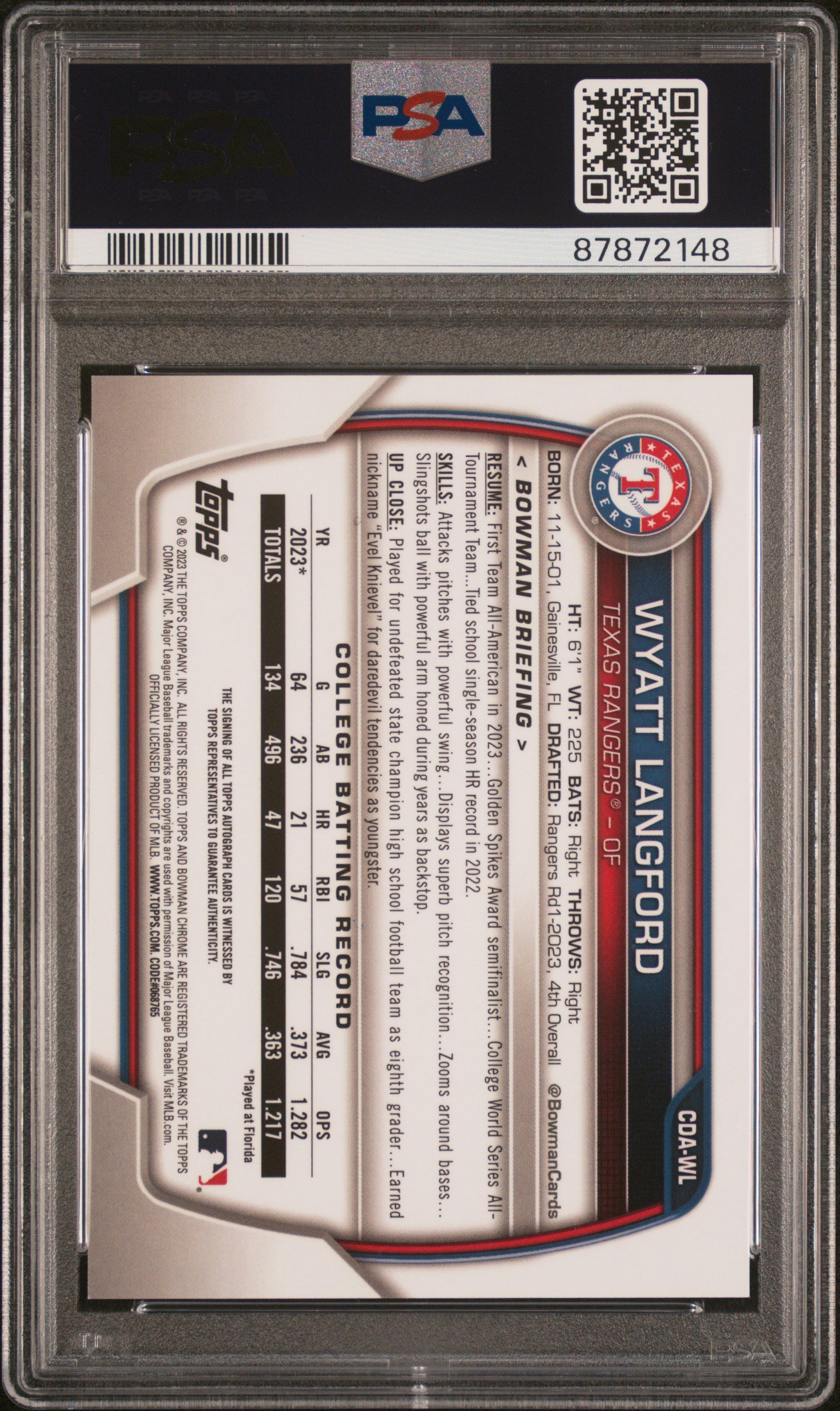 2023 Bowman Draft Chrome Wyatt Langford #CDAWL Auto PSA 9