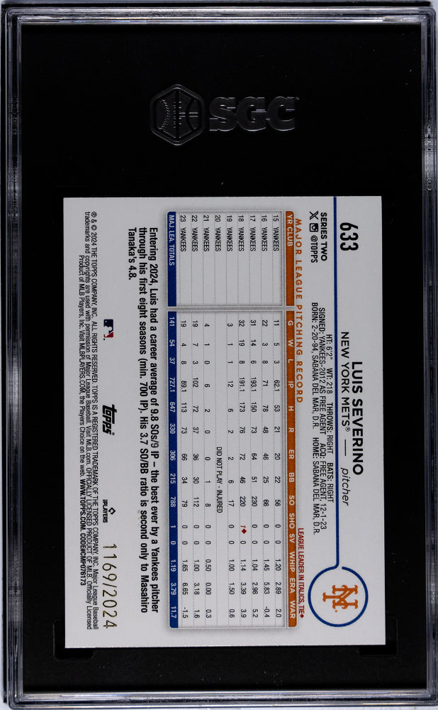 2024 Topps Gold Luis Severino #633 1169/2024 SGC 9.5