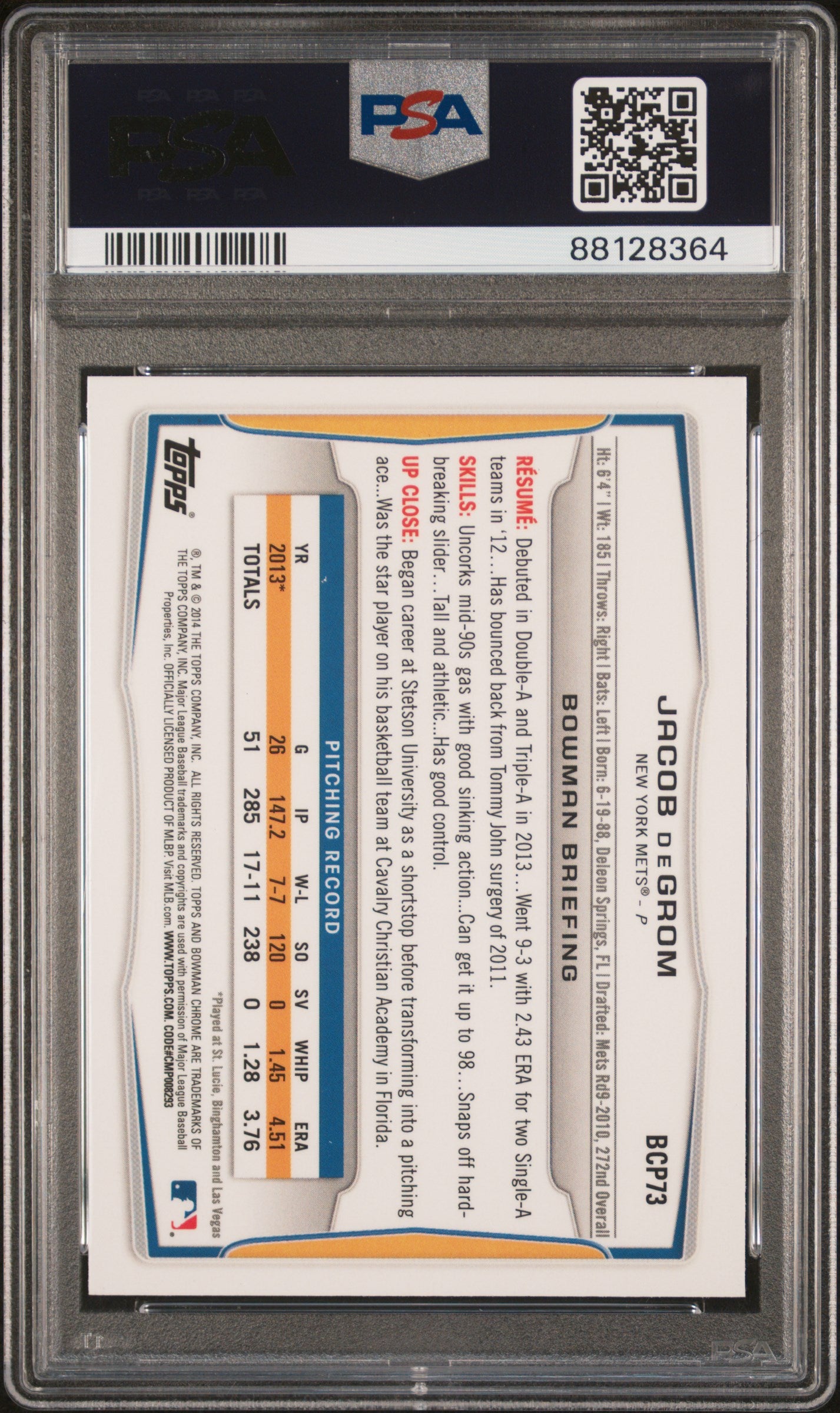 2014 Bowman Prospects Chrome Jacob deGrom #BCP73 1st Bowman PSA 9