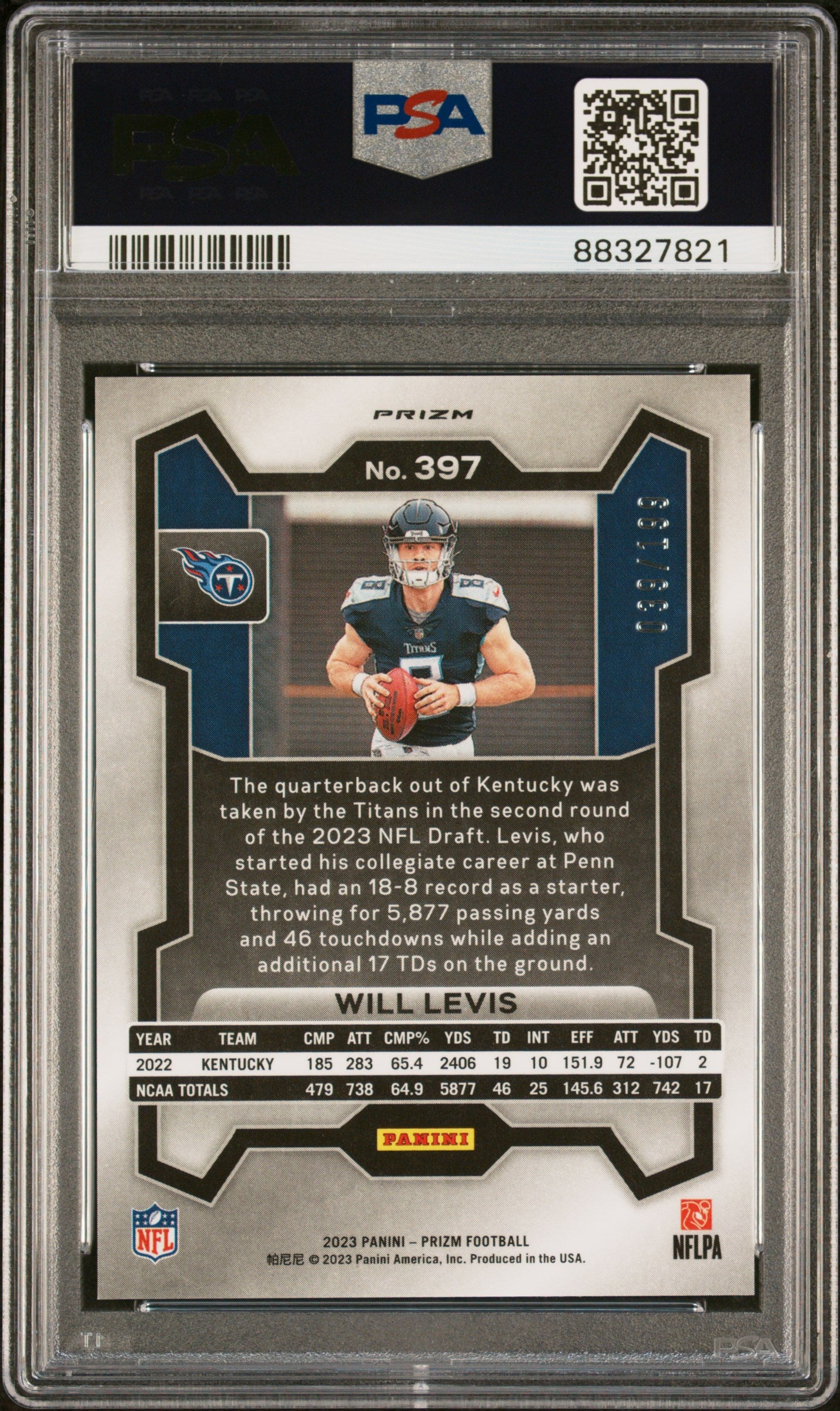 2023 Panini Prizm Blue Wave Will Levis #397 RC /199 PSA 10