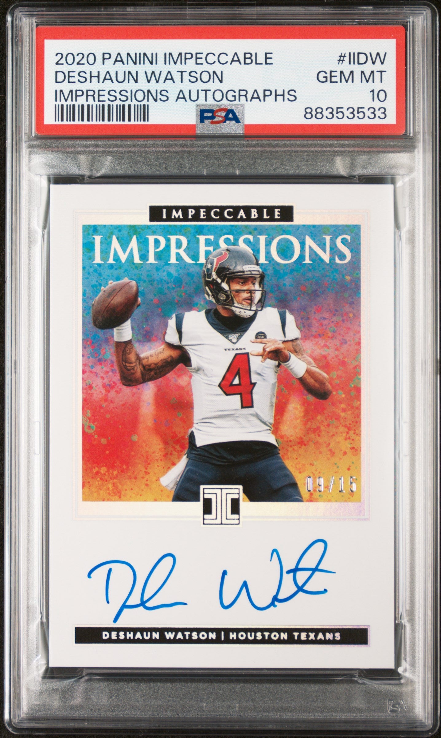 2020 Panini Impeccable Impressions Auto /15 #II-DW Deshaun Watson PSA 10