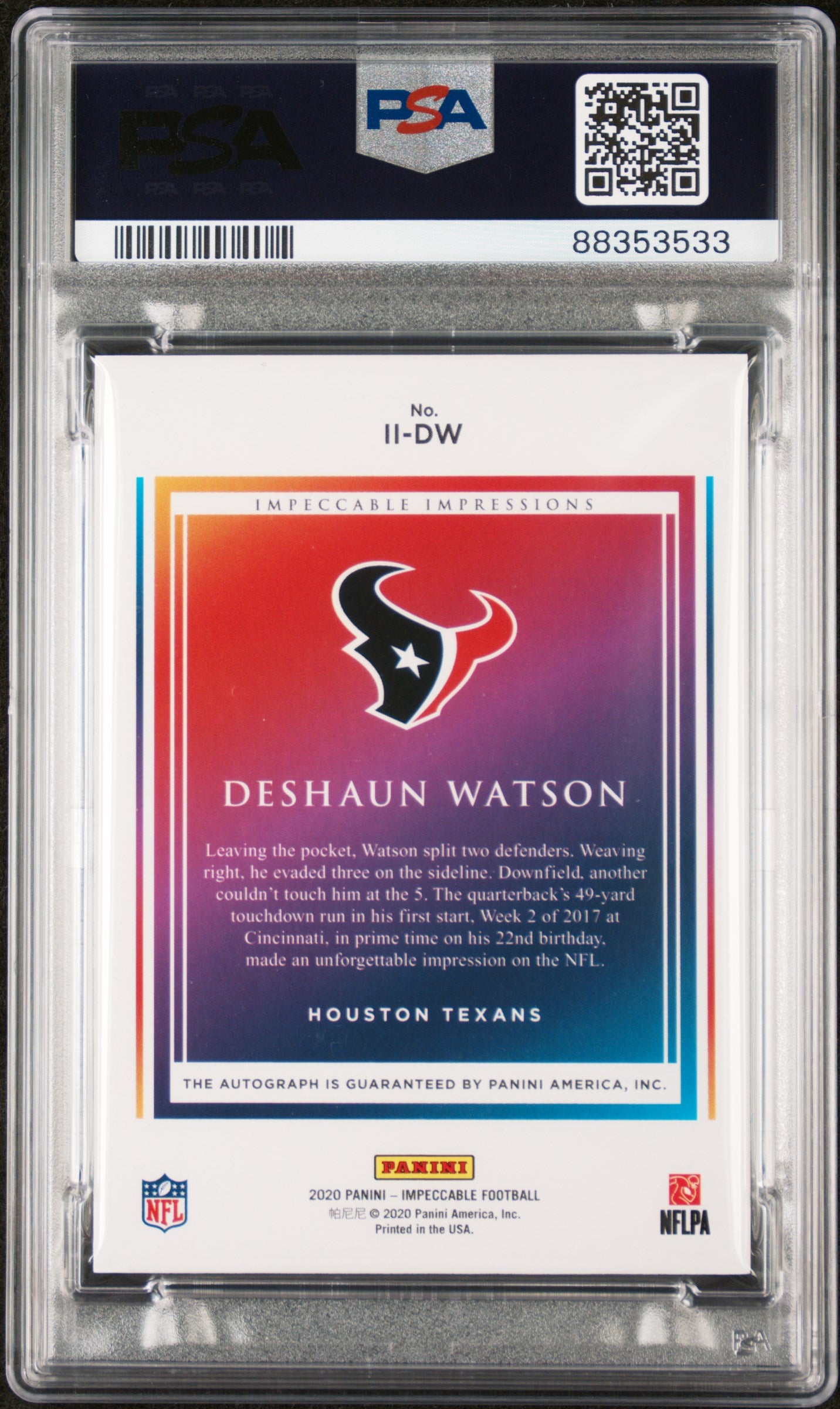 2020 Panini Impeccable Impressions Auto /15 #II-DW Deshaun Watson PSA 10