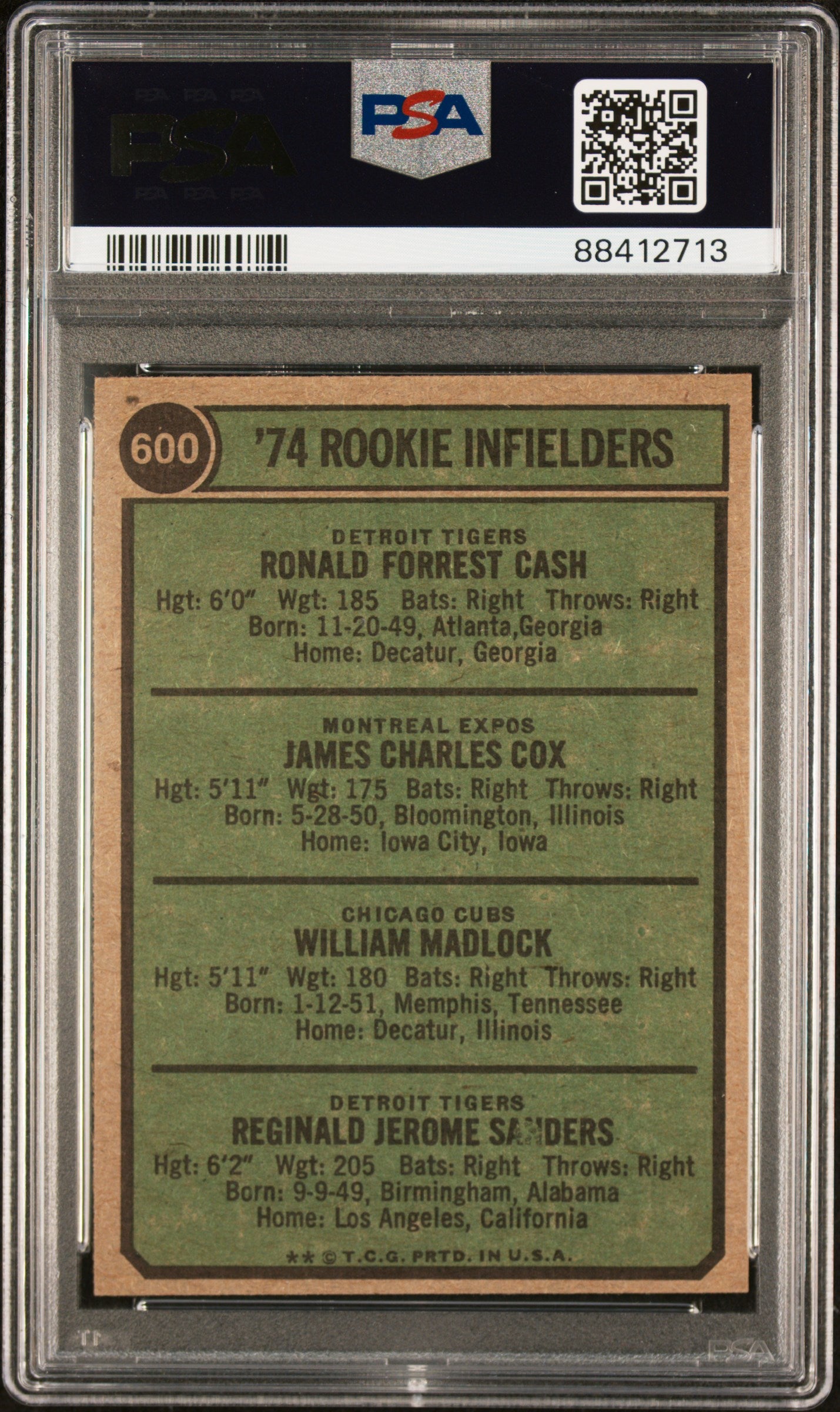 1974 Topps '74 Rookie Infielders Bill Madlock #600 RC PSA 6